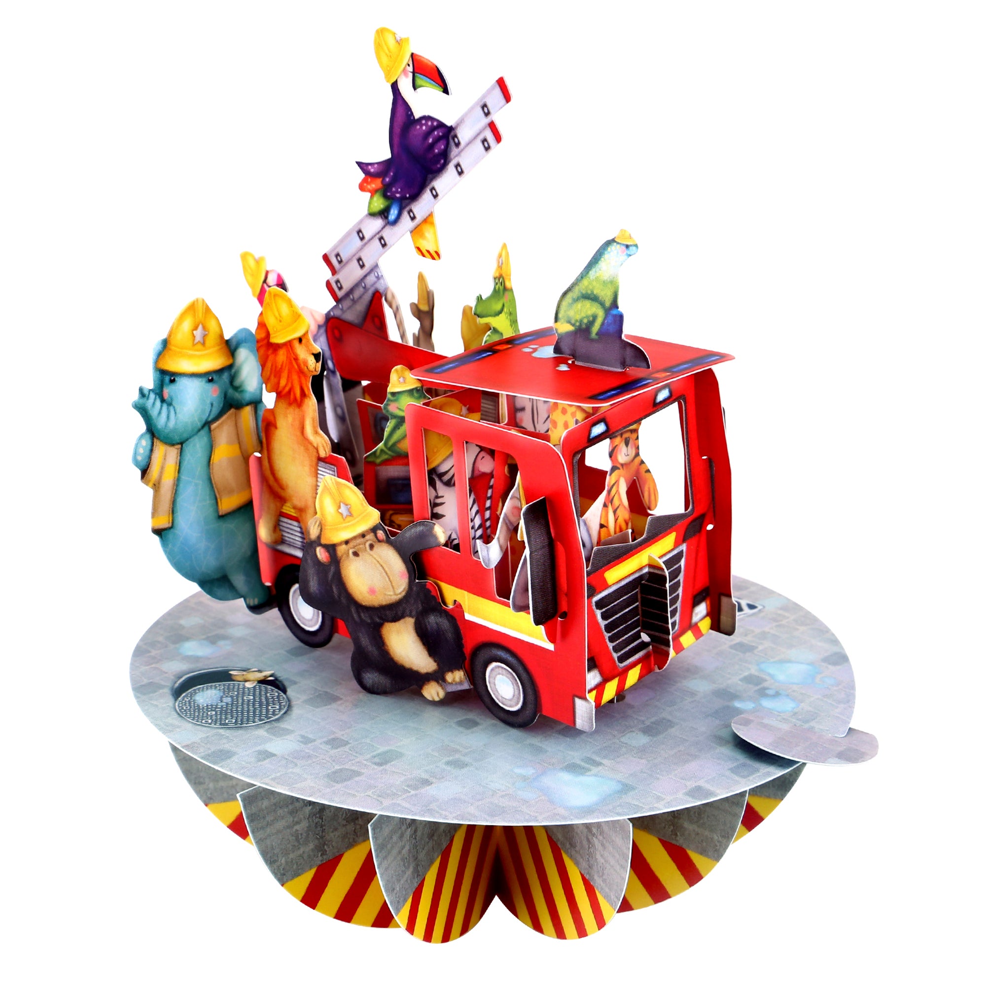 The Santoro Pirouette Card: Animal Fire Truck is a colorful pop-up card with cartoon animals—elephant, lion, monkey, giraffe, and bird—in firefighter hats riding a red fire truck on a textured circular base.