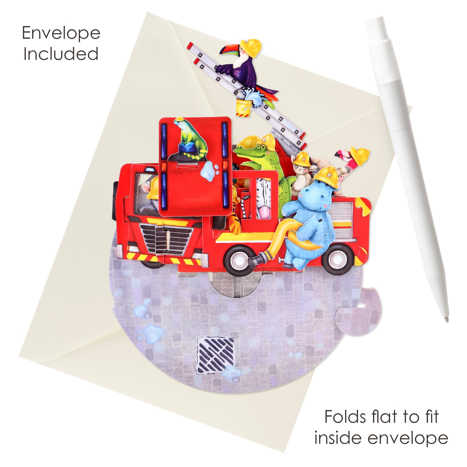 The Santoro Pirouette Card: Animal Fire Truck features cartoon animals as firefighters on a red fire truck. Comes with an envelope and folds flat to fit inside, making it easy to send and display. Envelope included.
