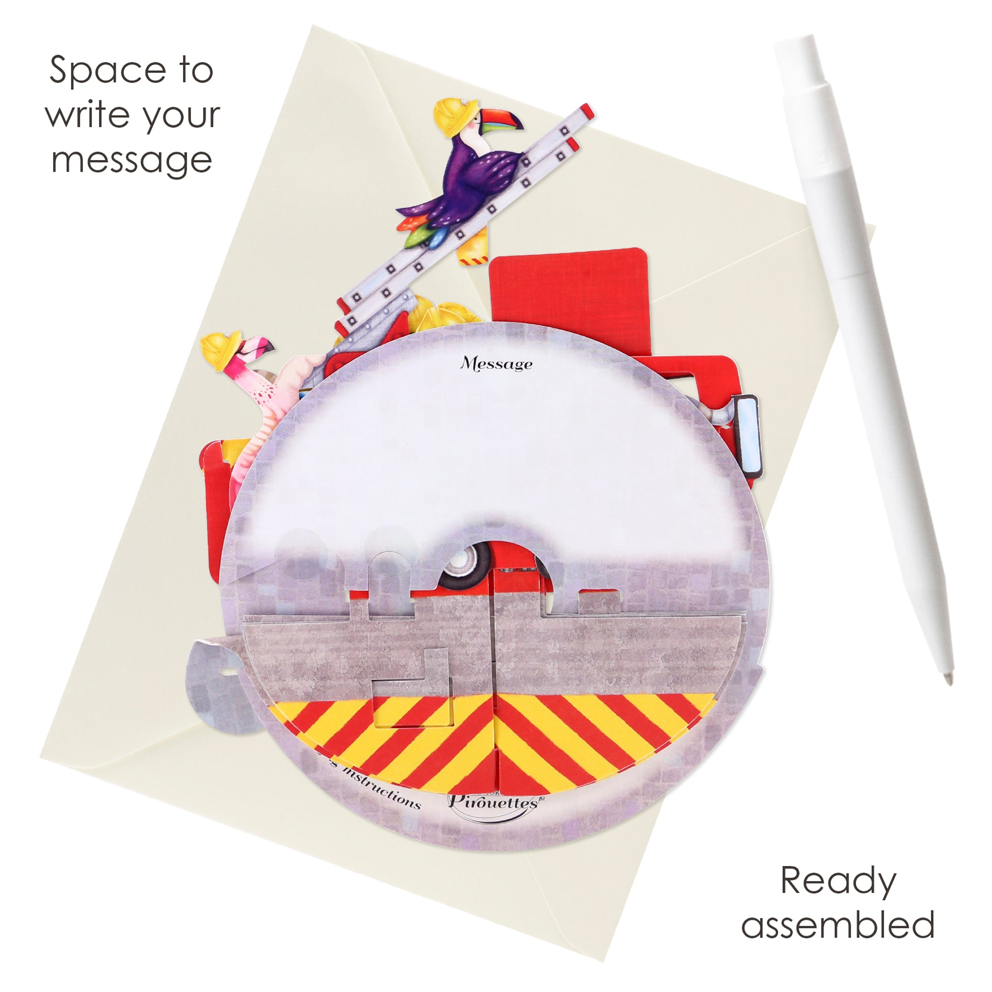 The Santoro Pirouette Card: Animal Fire Truck is a greeting card shaped like a fire engine with animal characters. Comes ready assembled, placed on an envelope with a white pen, and has space to write your message.