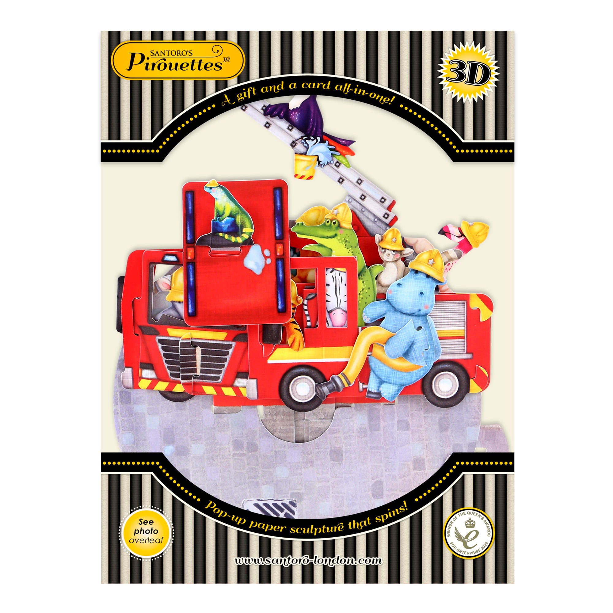 The Santoro Pirouette Card: Animal Fire Truck features a colorful 3D pop-up of cartoon animals like a hippo and giraffe riding a red fire truck with ladder, bordered by stripes and decorated with a gold “Santoro’s Pirouettes” label.