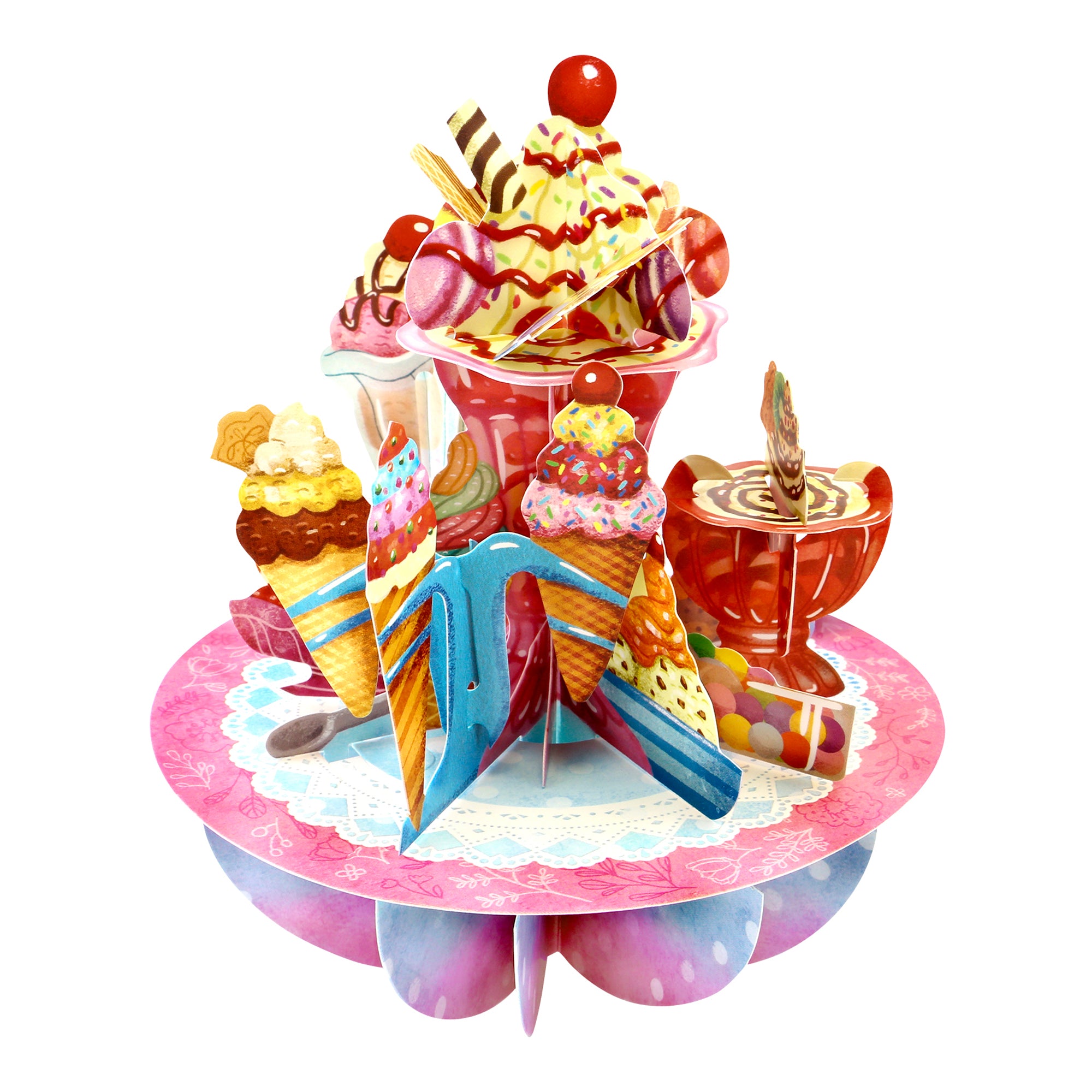 The Santoro Pirouette Card: Ice Cream Sundaes is a vibrant paper centerpiece displaying ice cream cones, sundaes, wafers, and candies on a pink lace-edged stand, creating a charming dessert-themed decoration.