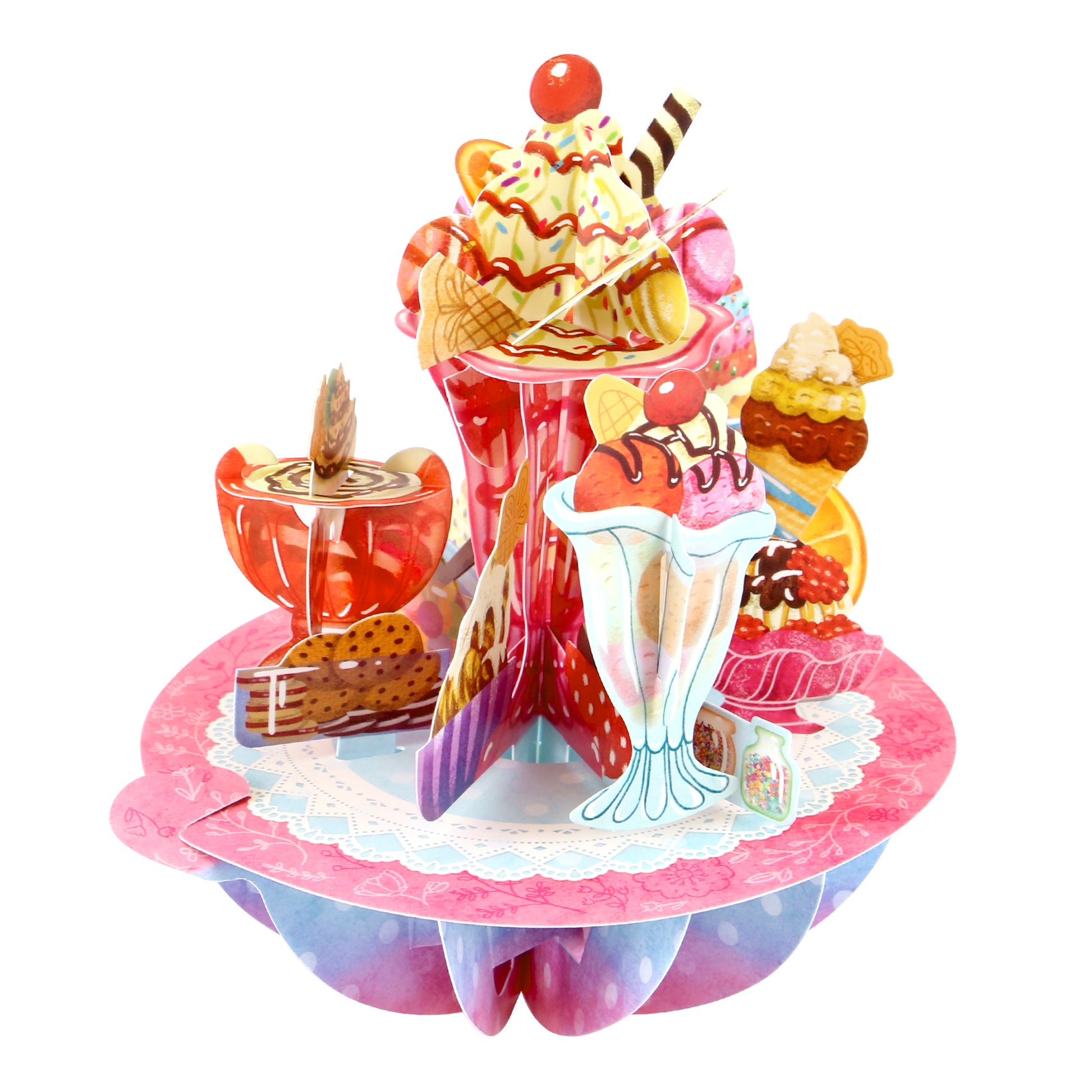 The Santoro Pirouette Card: Ice Cream Sundaes is a colorful 3D pop-up card displaying ice cream sundaes, fruit parfait, cookies, waffles, and a cherry on top, all on a decorative pink base.