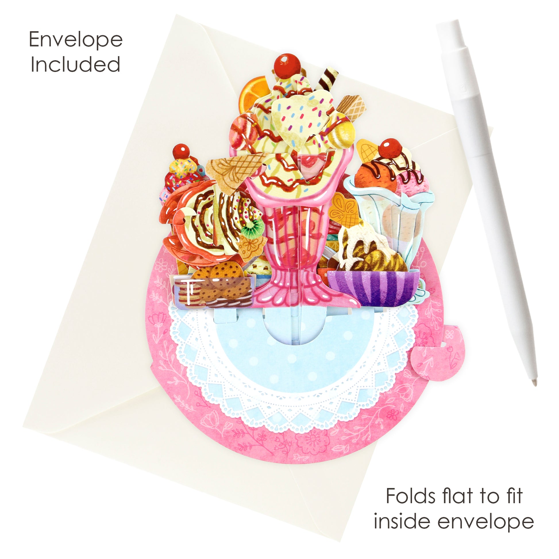 The Santoro Pirouette Card: Ice Cream Sundaes features colorful desserts on a pink doily and comes with a white envelope. Text reads "Envelope Included" and "Folds flat to fit inside envelope.