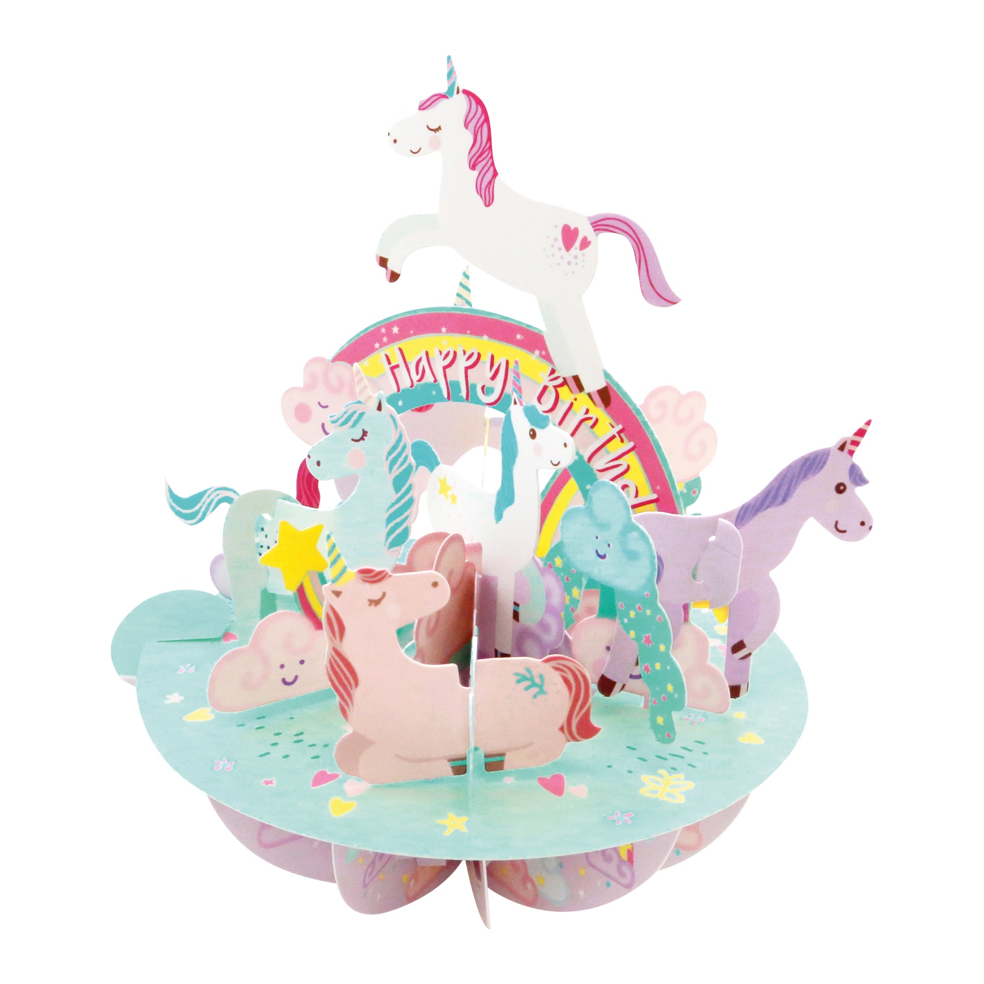 The Santoro Pirouette Card: Birthday Unicorn is a vibrant 3D pop-up card with pastel unicorns, rainbows, stars, and clouds on a mint green base, featuring "Happy Birthday" in the background.