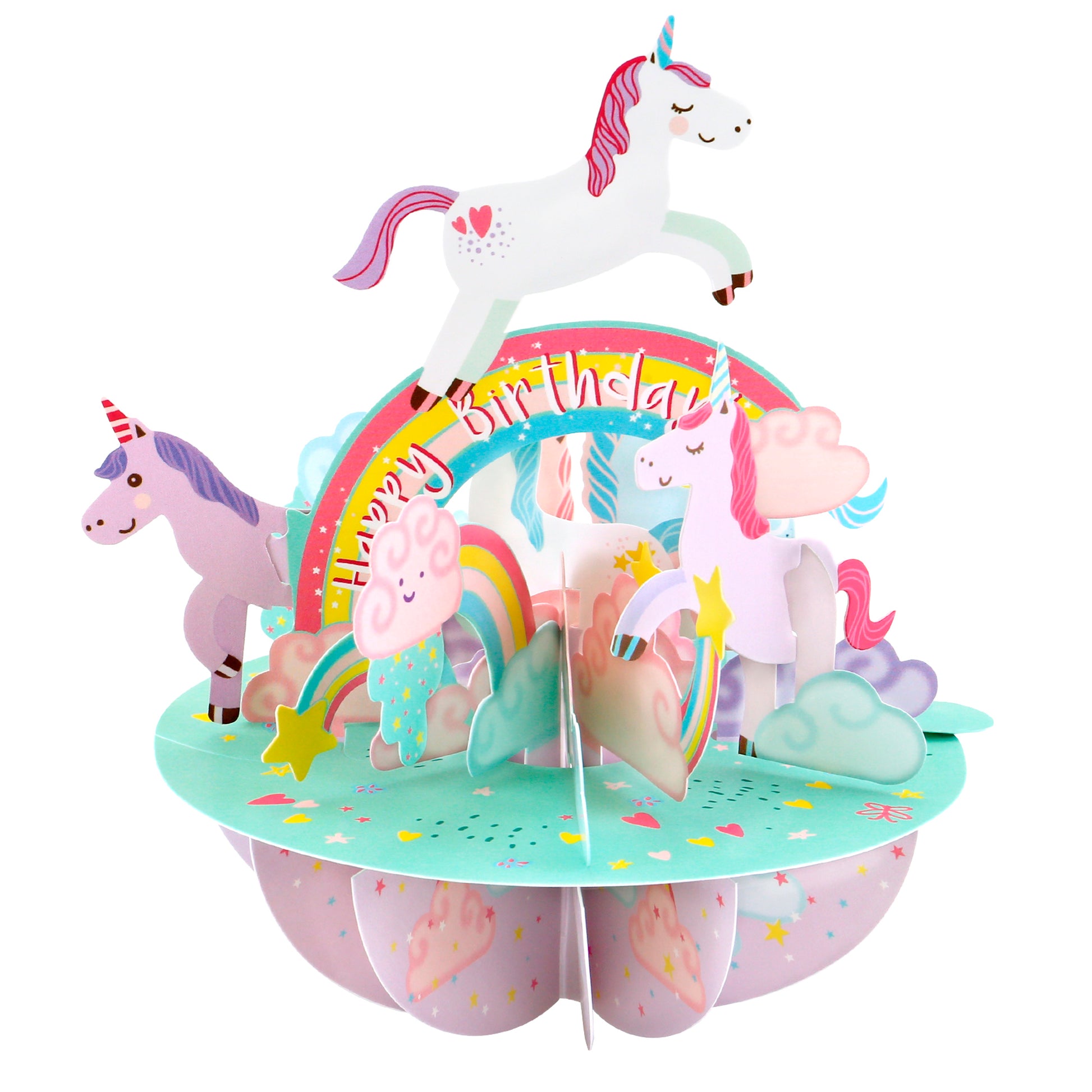 The Santoro Pirouette Card: Birthday Unicorn is a vibrant 3D pop-up card with unicorns, rainbows, clouds, stars, and a playful pastel "Happy Birthday" message.