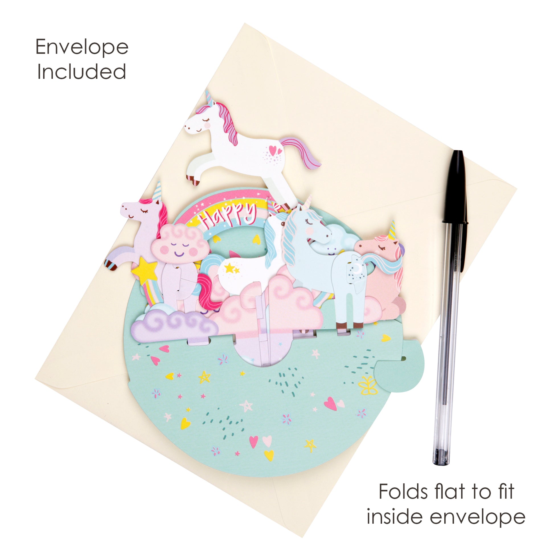The Santoro Pirouette Card: Birthday Unicorn is a vibrant unicorn-themed pop-up card with "Happy" text, featuring unicorns, clouds, and rainbows. It folds flat to fit in the included envelope and comes with a pen.