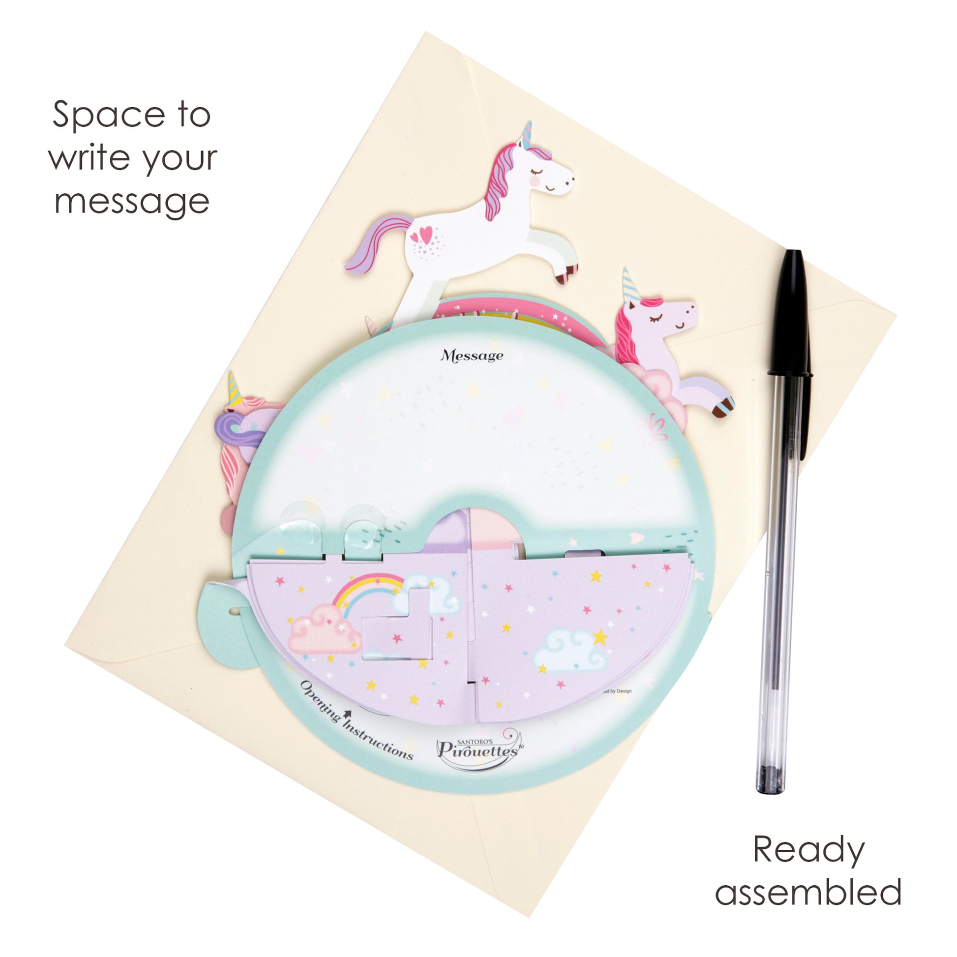 The Santoro Pirouette Card: Birthday Unicorn features a circular, unicorn-themed design with pastel rainbows and clouds. Includes envelope, black pen, and space to write your message. Arrives ready assembled.