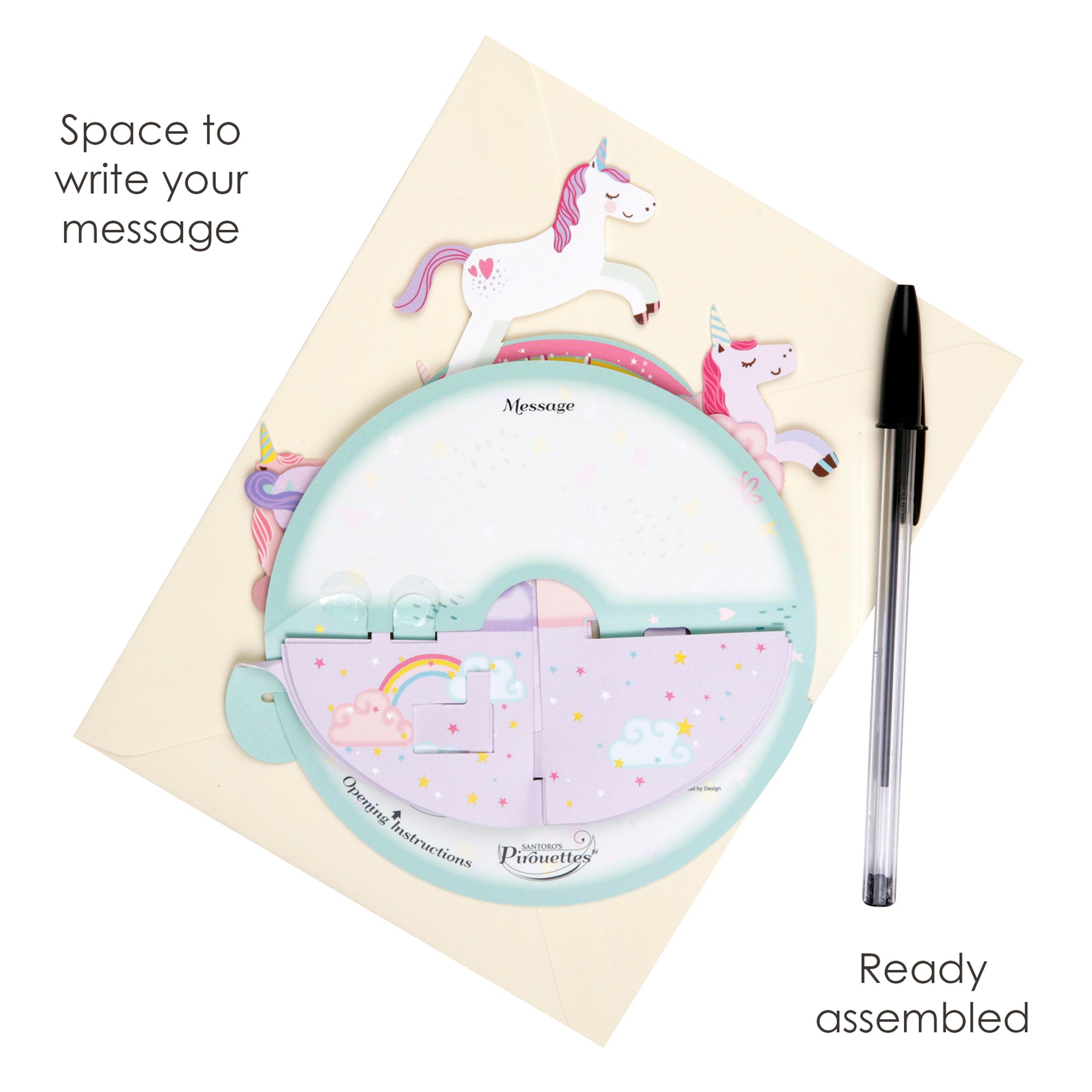 The Santoro Pirouette Card: Birthday Unicorn features a circular, unicorn-themed design with pastel rainbows and clouds. Includes envelope, black pen, and space to write your message. Arrives ready assembled.