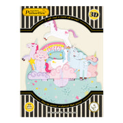 Santoro Pirouette Card: Birthday Unicorn features pastel unicorns, clouds, and rainbows in a whimsical 3D pop-up with "Happy" in the center. Packaging includes black and gold striped borders with decorative accents.