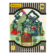 The Santoro Pirouette Card: Secret Garden is a decorative pop-up card with green window frames, flowers, plants, a watering can, and gardening tools. The 3D packaging reads, "A gift and a card all-in-one!.