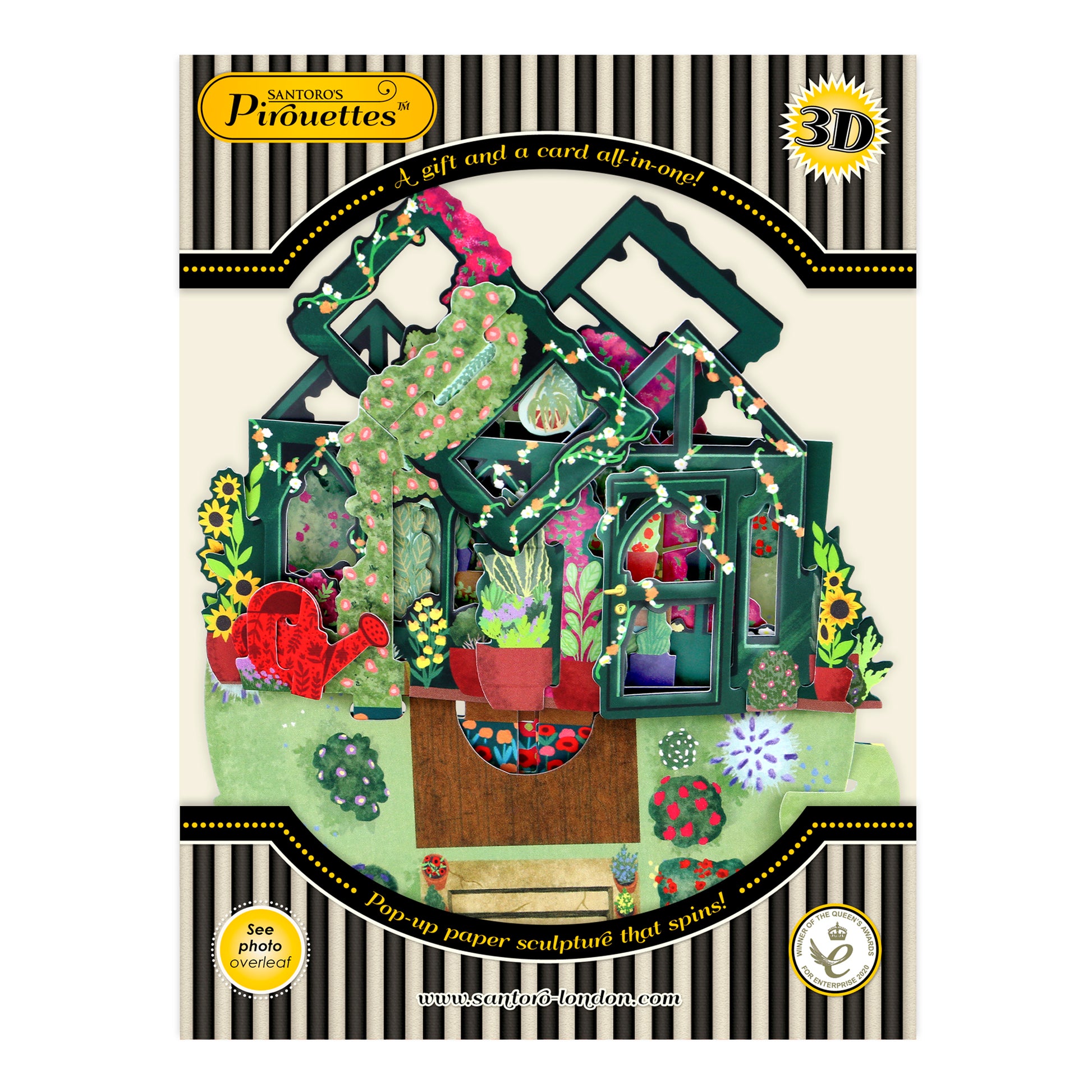 The Santoro Pirouette Card: Secret Garden is a decorative pop-up card with green window frames, flowers, plants, a watering can, and gardening tools. The 3D packaging reads, "A gift and a card all-in-one!.
