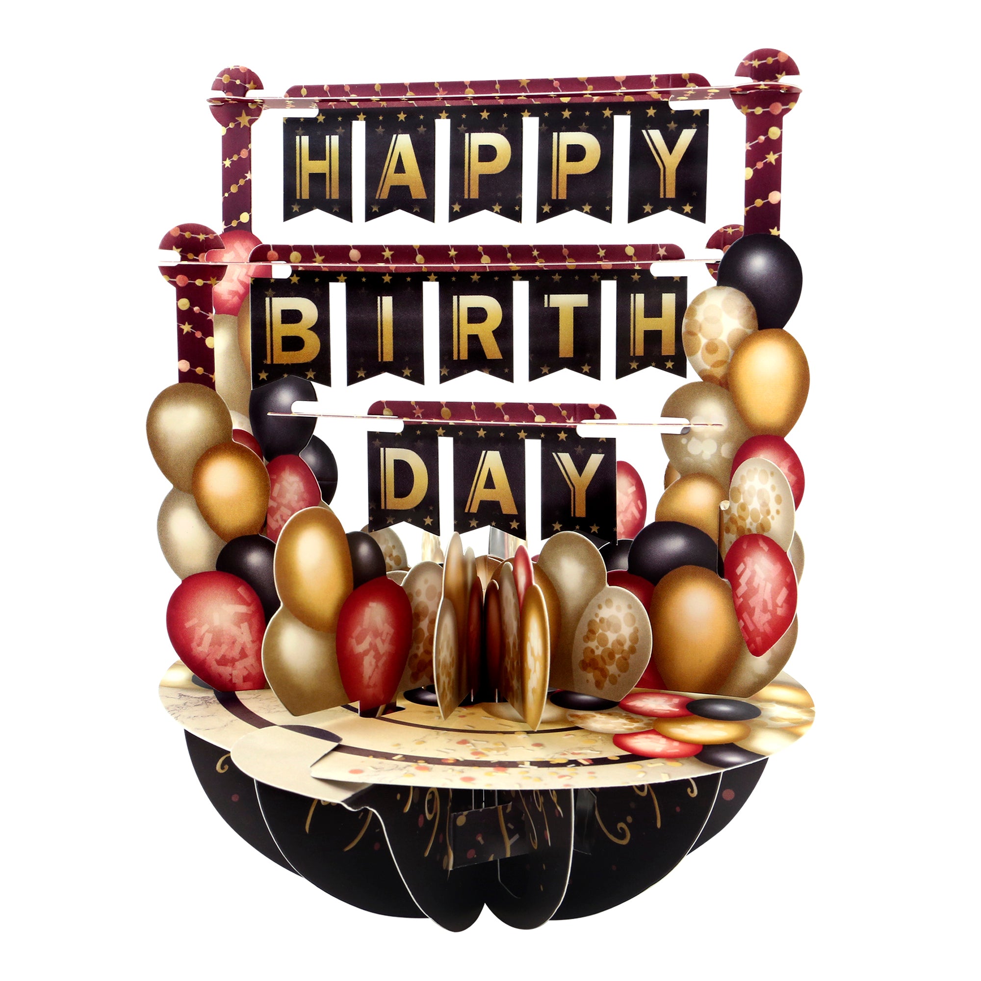The Santoro Pirouette Card: Birthday Balloons is a festive birthday decoration with a HAPPY BIRTHDAY banner, gold, black, and red balloons, all displayed on a round stand with a celebratory design.