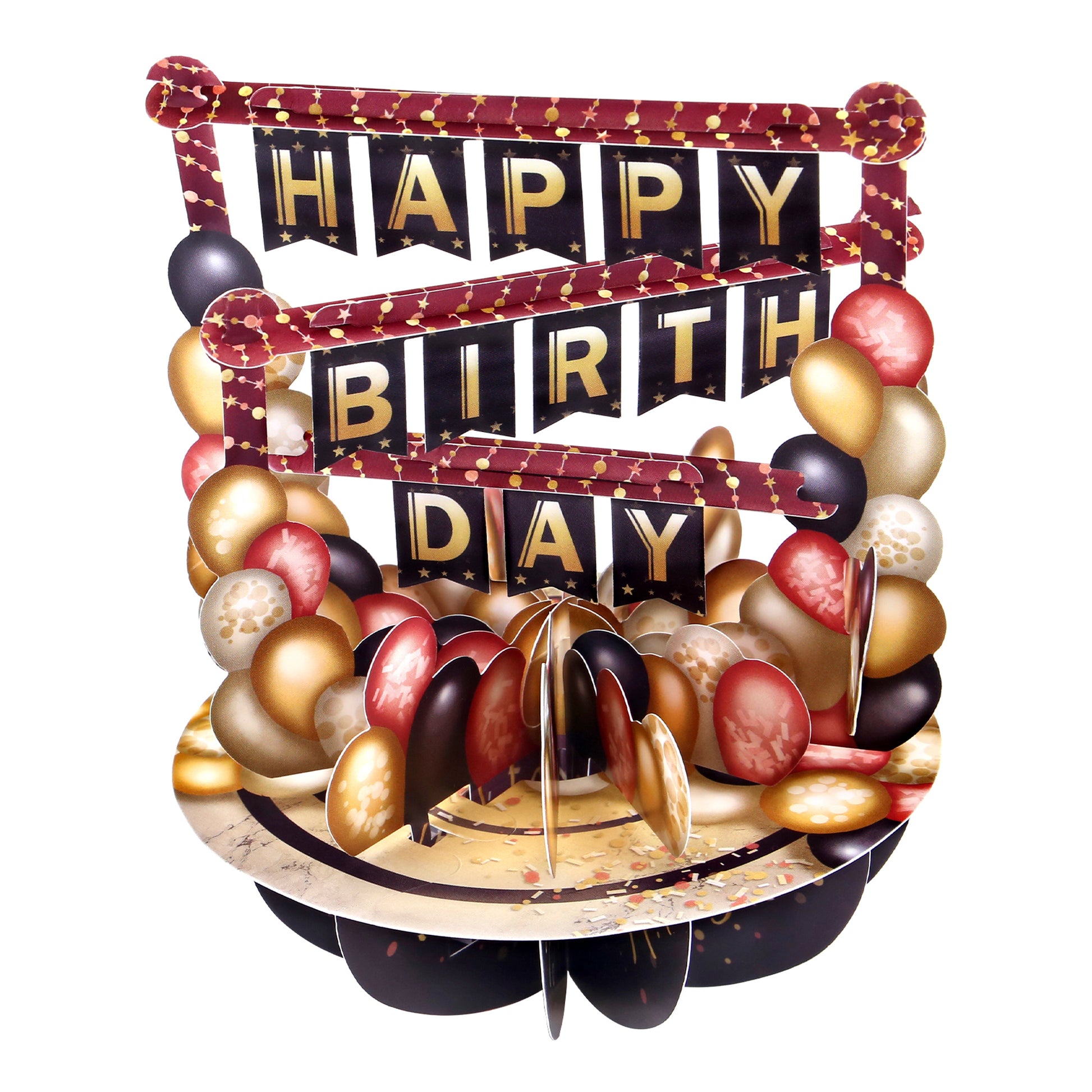 The Santoro Pirouette Card: Birthday Balloons is a 3D paper centerpiece featuring black, gold, and red balloons with a bold "Happy Birthday" banner displayed across three festive tiers.