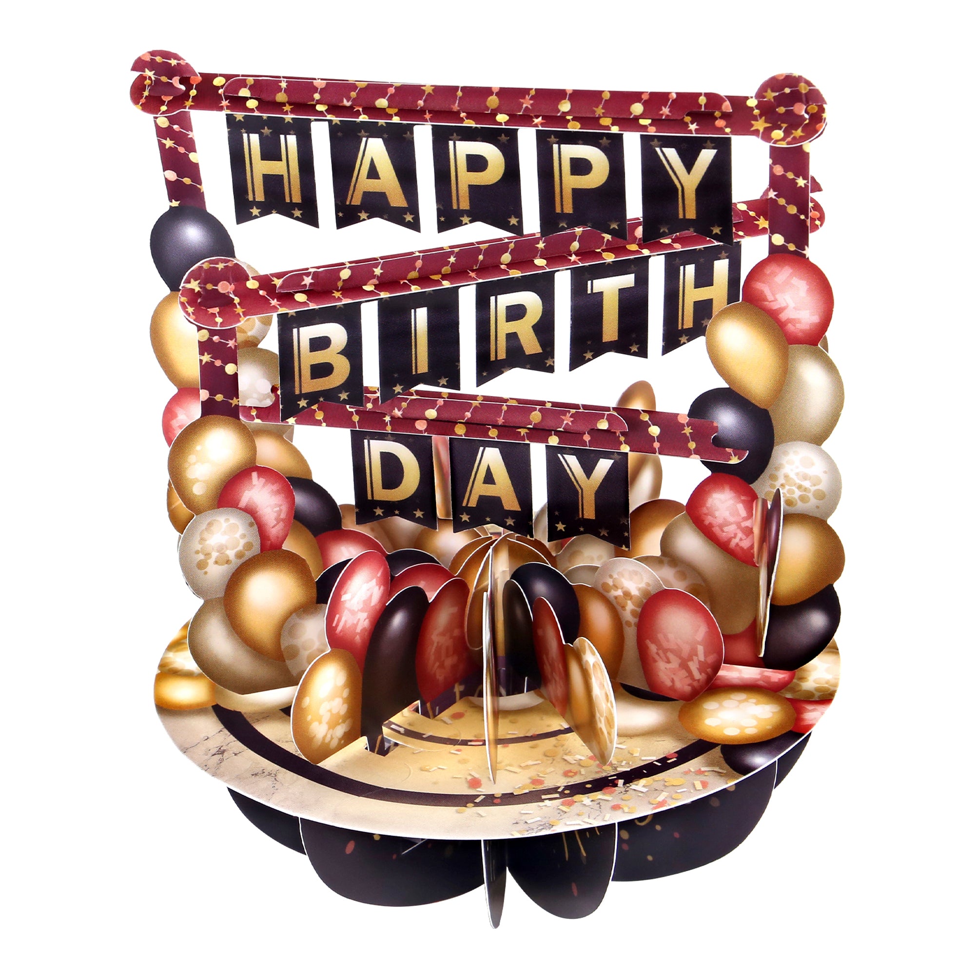 The Santoro Pirouette Card: Birthday Balloons is a 3D paper centerpiece featuring black, gold, and red balloons with a bold "Happy Birthday" banner displayed across three festive tiers.