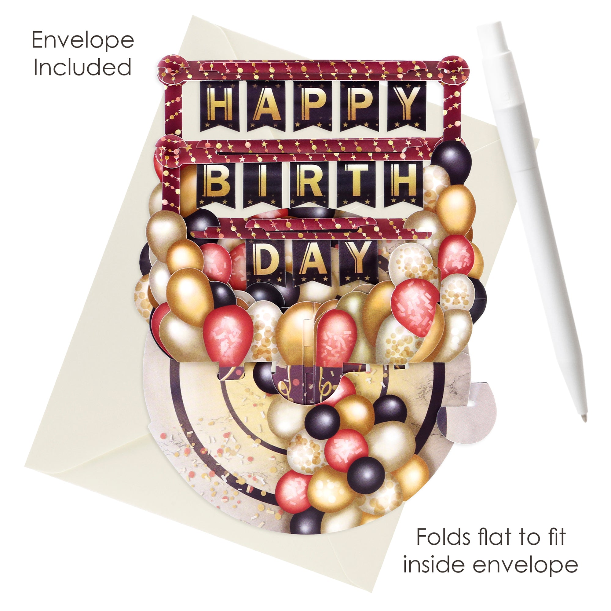 The Santoro Pirouette Card: Birthday Balloons is a pop-up card with balloon letters spelling HAPPY BIRTHDAY in gold, black, and burgundy, festive balloons, and comes with a white envelope. Envelope included; folds flat to fit inside.