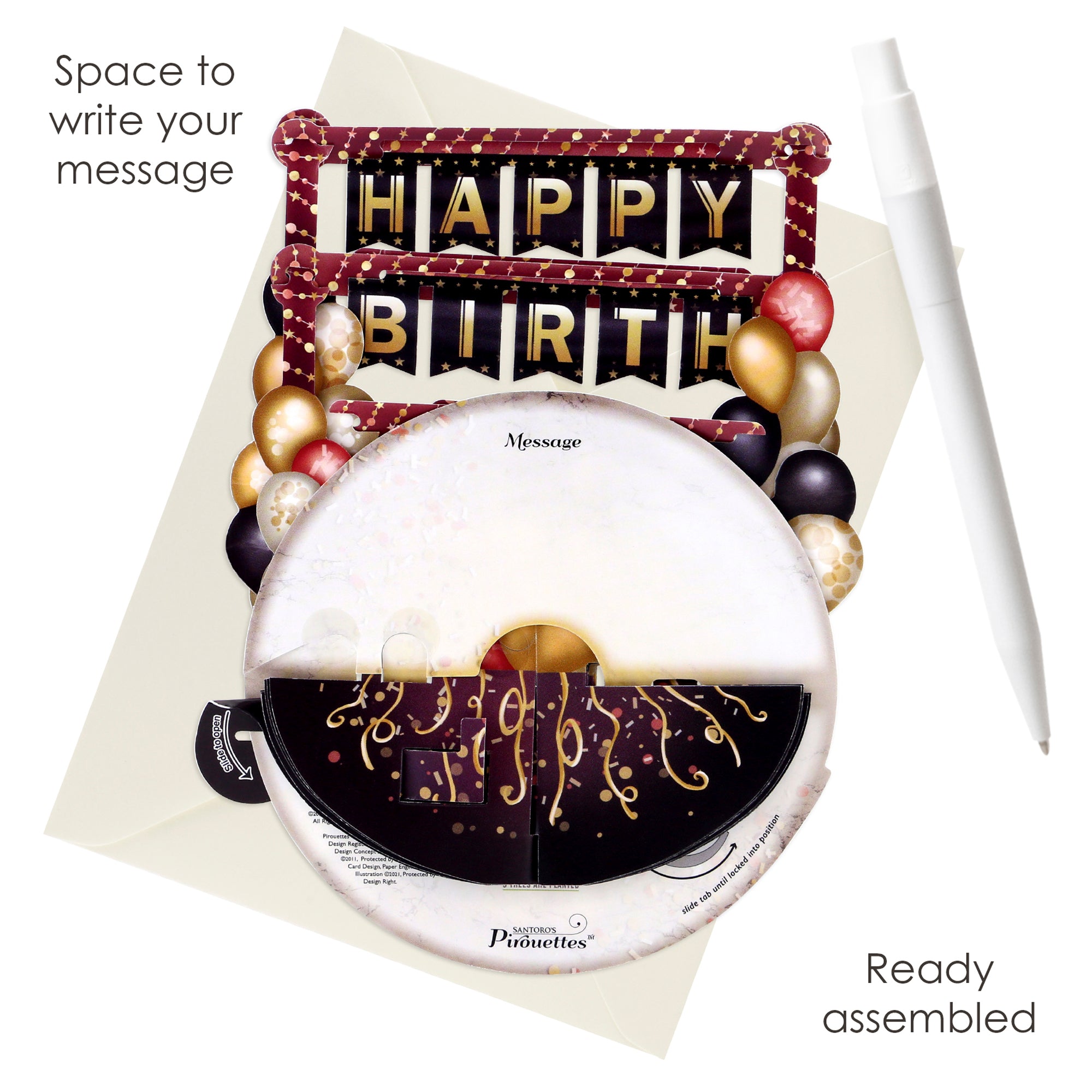 The Santoro Pirouette Card: Birthday Balloons kit features a Happy Birthday balloon design in gold, black, and burgundy, includes a pen and envelope, space to write your message, and comes ready assembled.