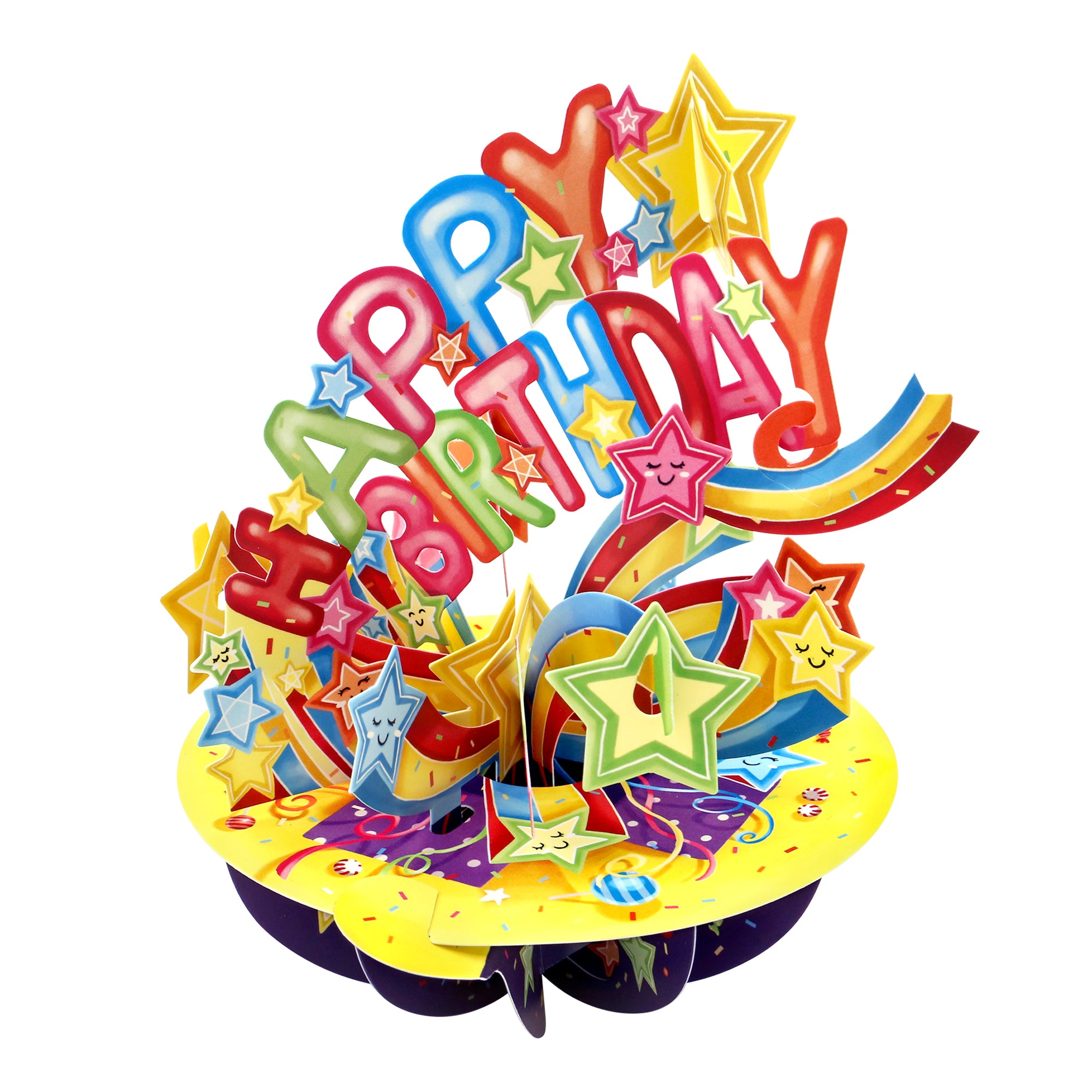 The Santoro Pirouette Card: Happy Birthday Shooting Stars features a vibrant pop-up design with "Happy Birthday" surrounded by stars, confetti, and rainbows on a bright yellow and purple base.