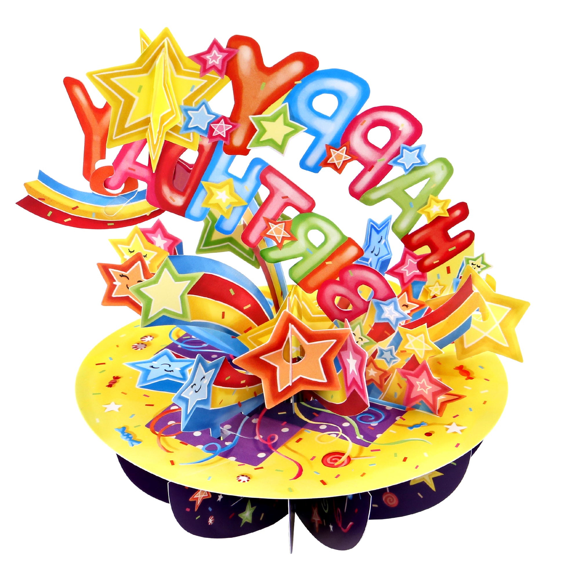 The Santoro Pirouette Card: Happy Birthday Shooting Stars is a colorful 3D pop-up card with "Happy Birthday," stars, confetti, and rainbow decorations on a round yellow base.