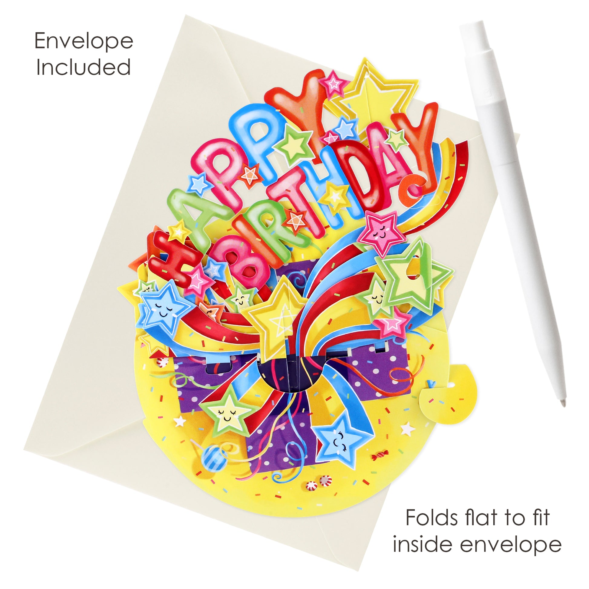 Santoro Pirouette Card: Happy Birthday Shooting Stars—colorful pop-up card with stars and confetti. Shown open on a white envelope with pen. Envelope included; card folds flat to fit inside.