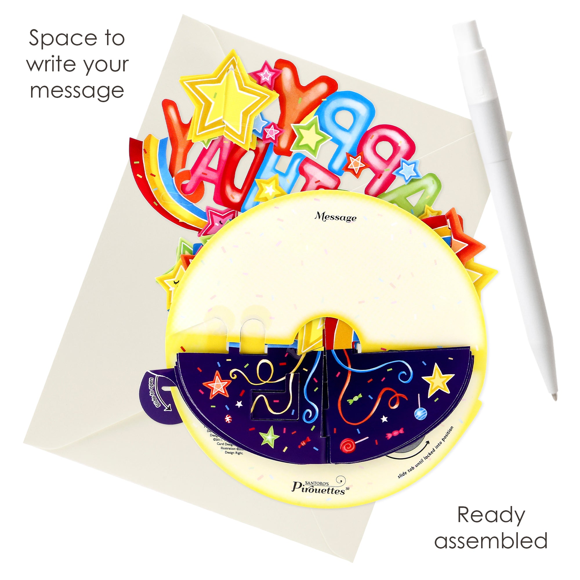 The Santoro Pirouette Card: Happy Birthday Shooting Stars features a colorful pop-up design with stars and confetti. Arrives fully assembled, includes an envelope and white pen, plus space to write your message.