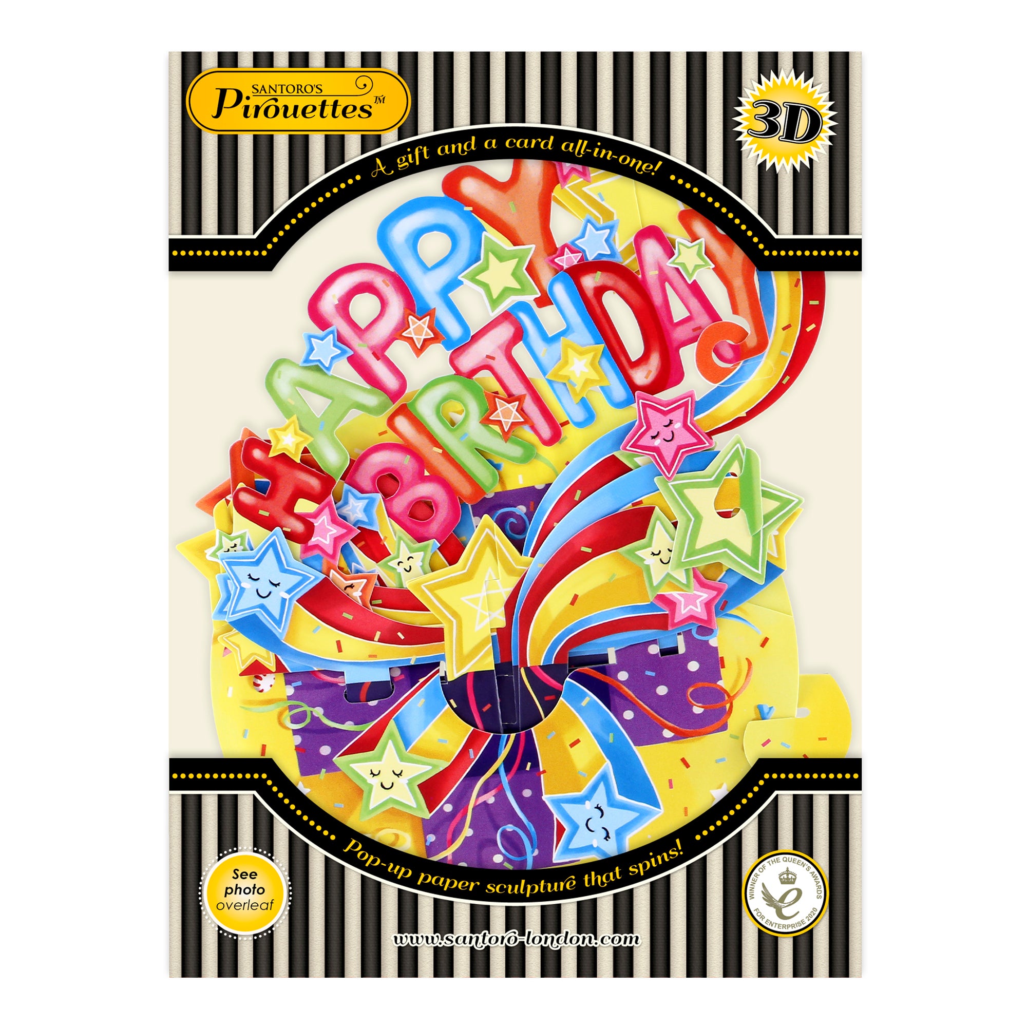 Front cover of the Santoro Pirouette Card: Happy Birthday Shooting Stars, featuring colorful “Happy Birthday” text, stars, ribbons, and a large present against a striped border background.