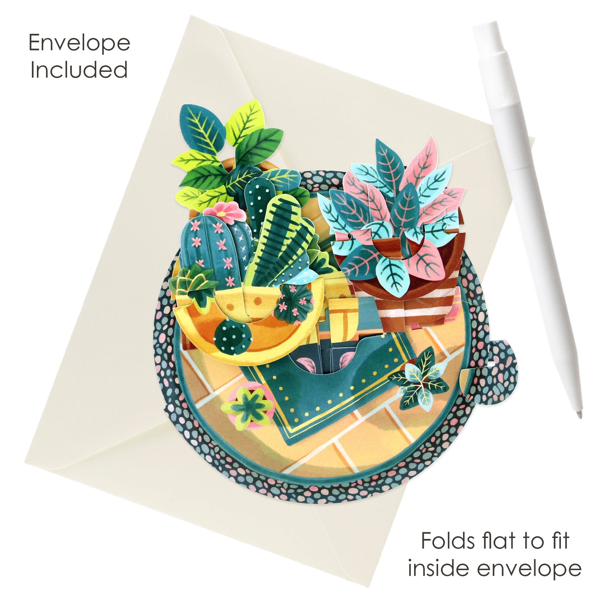 The Santoro Pirouette Card: Potted Plants features vibrant potted plant illustrations and pops up when opened. It comes with a cream envelope, folds flat to fit inside, and makes a unique, colorful greeting. Envelope included.