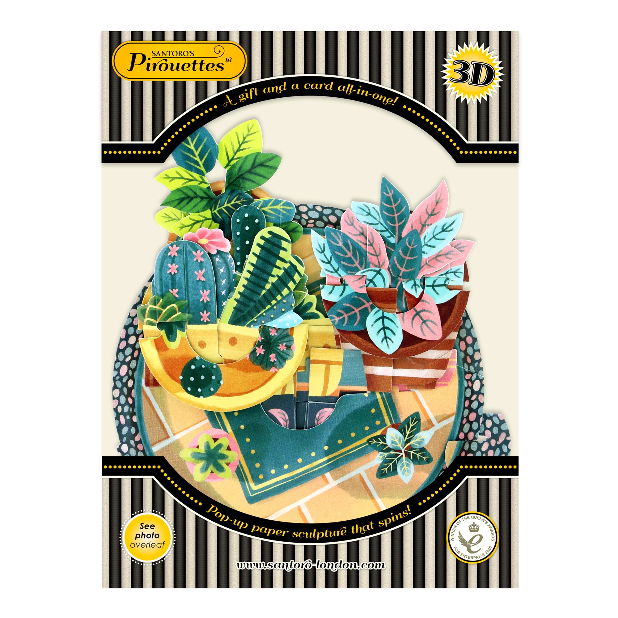 The Santoro Pirouette Card: Potted Plants features vibrant 3D paper sculptures of cacti, leafy greens, and flowers displayed against a round mosaic backdrop with a striped border and gold accents.