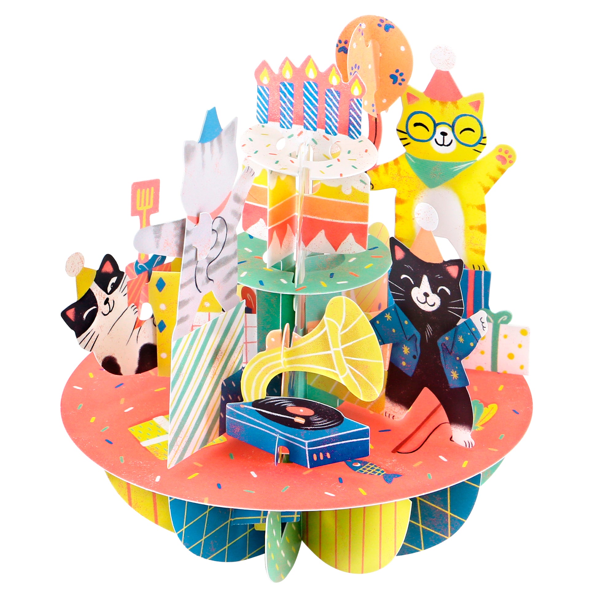 The Santoro Pirouette Card: Birthday Cats features vibrant cartoon cats gathered around a birthday cake with candles, surrounded by balloons, presents, a record player, party hats, and musical instruments on confetti.