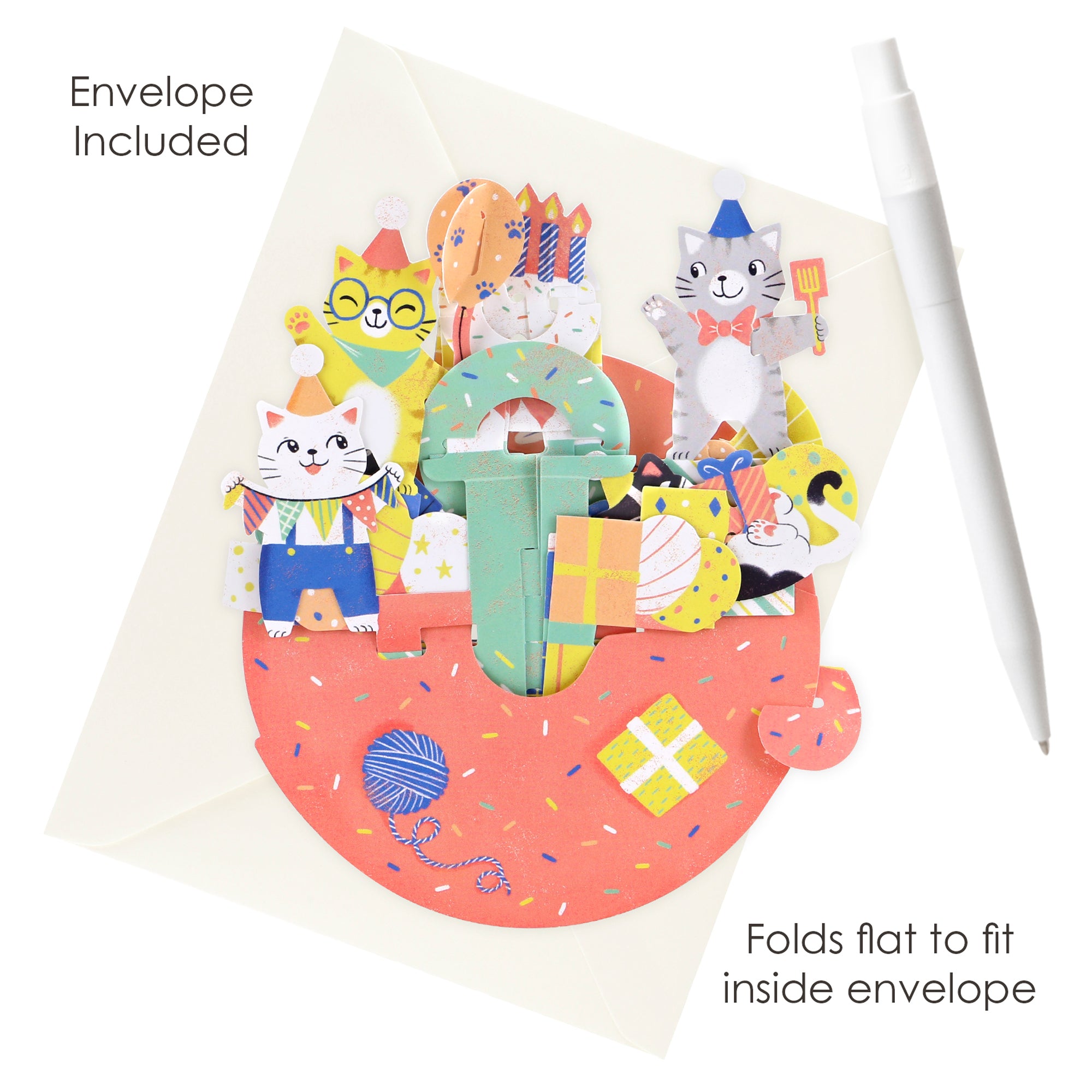 The Santoro Pirouette Card: Birthday Cats is a colorful pop-up birthday card with playful cats, party hats, gifts, and a donut design. Includes white envelope; folds flat to fit inside. Text: “Envelope Included” and “Folds flat to fit inside envelope.”.