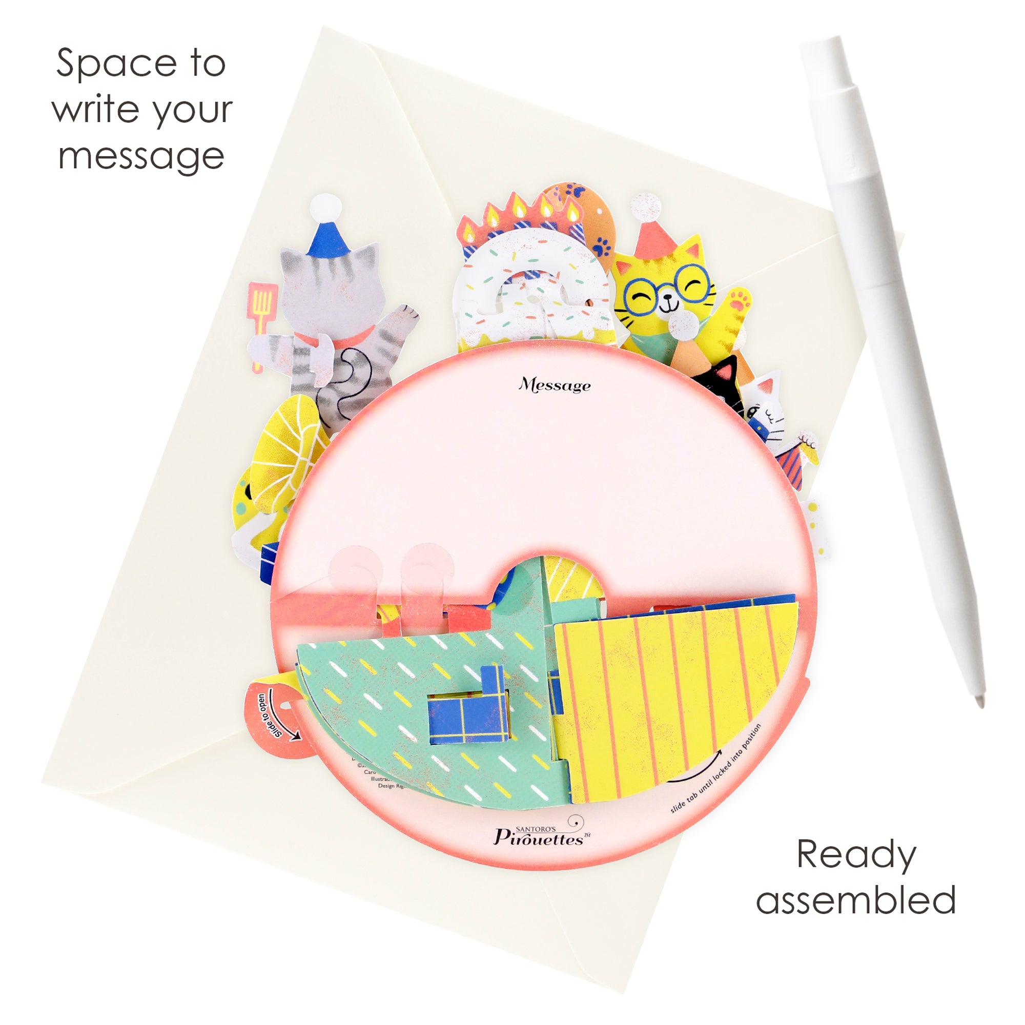 A Santoro Pirouette Card: Birthday Cats pop-up greeting card with playful cat designs and confetti, partially in an envelope. A white pen beside it. Text reads: Space to write your message and Ready assembled.