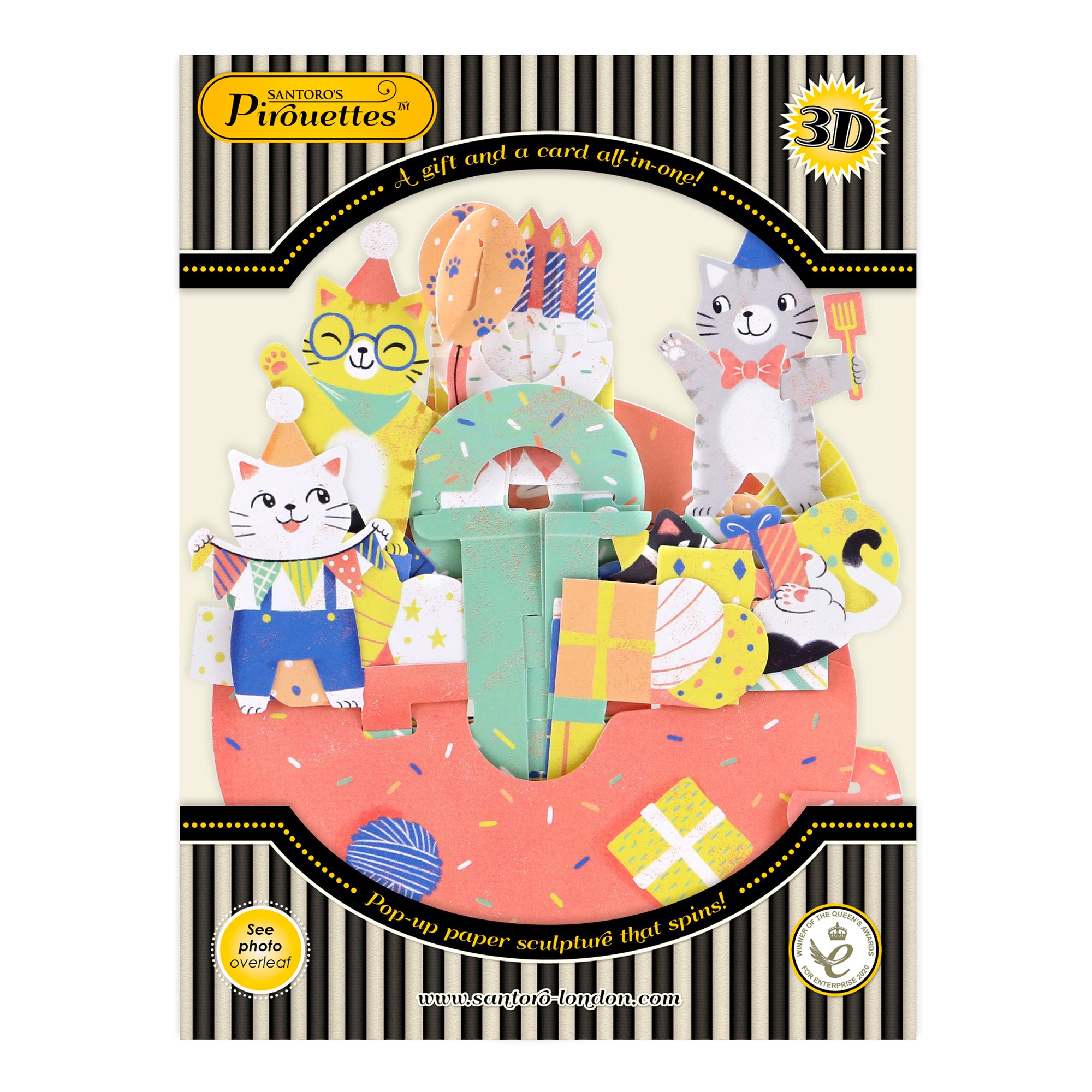 Santoro Pirouette Card: Birthday Cats is a pop-up greeting card with playful cats in party hats, surrounded by gifts and cake. Packaging calls it “a gift and card in one” from Santoro’s Pirouettes 3D collection.