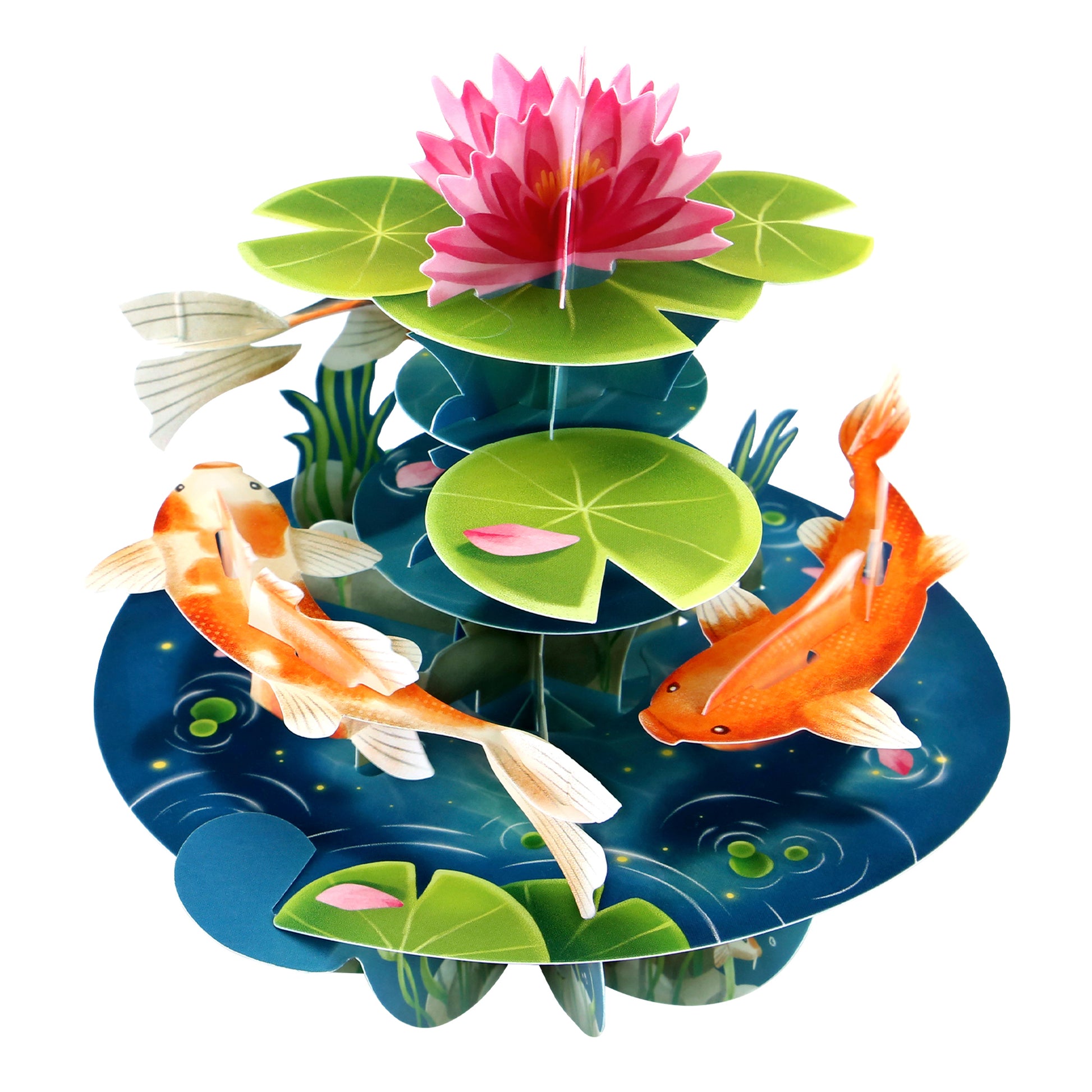 The Santoro Pirouette Card: Koi Carp features a vibrant 3D paper pond with two orange and white koi fish, green lily pads, and a pink water lily on a blue background.
