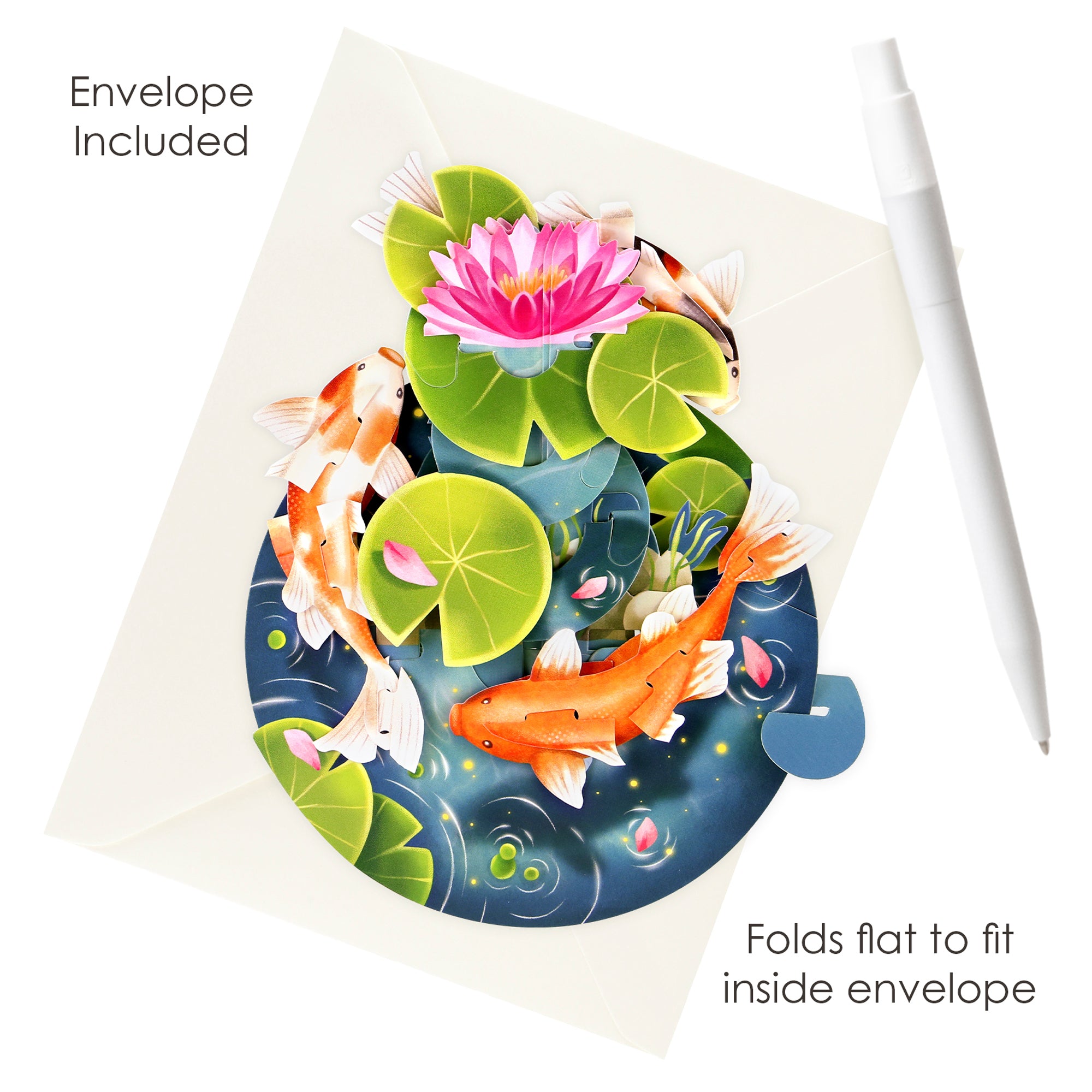 The Santoro Pirouette Card: Koi Carp features koi fish, lily pads, and a pink water lily on a blue pond. Includes a white envelope and pen. Envelope Included. Folds flat to fit inside envelope.