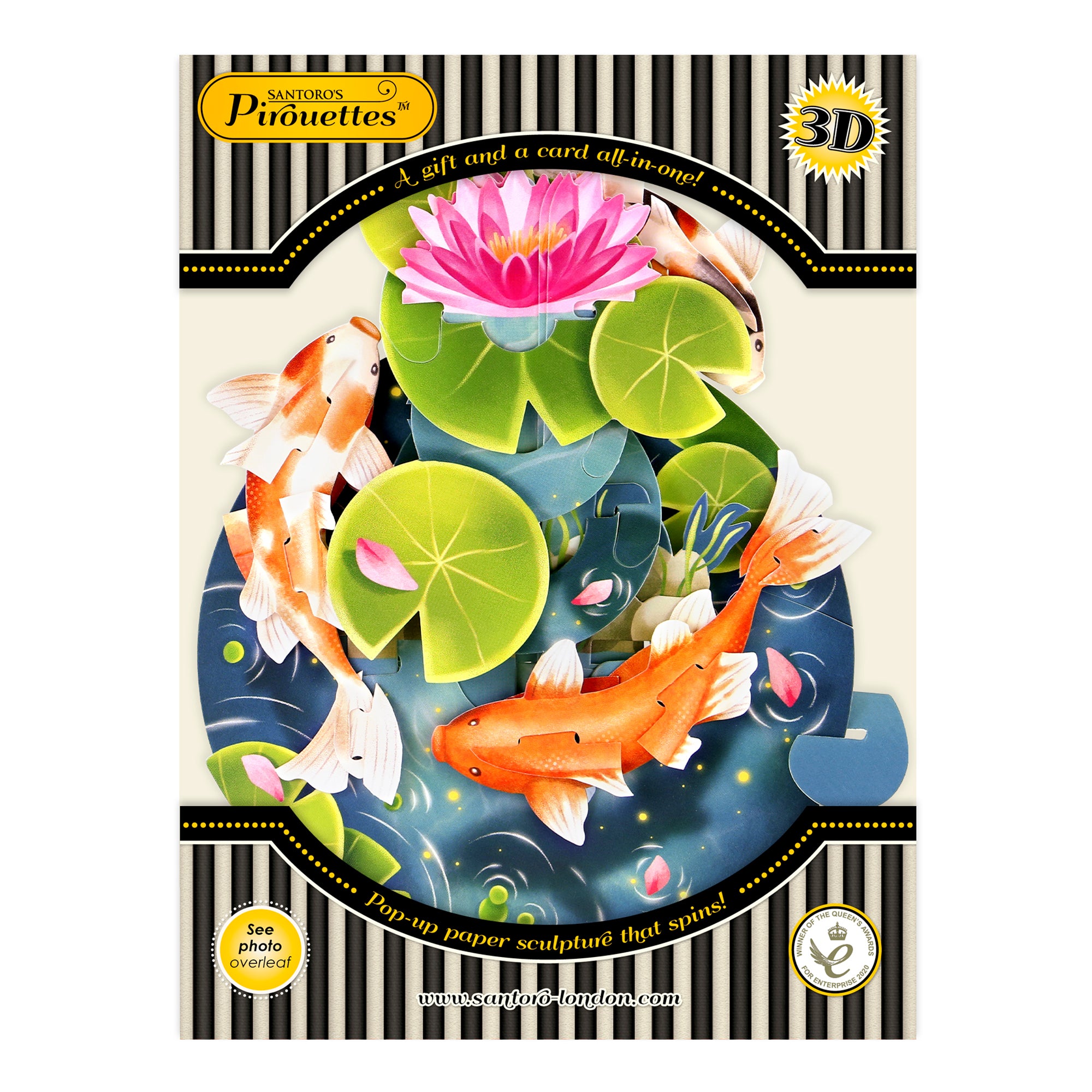 The Santoro Pirouette Card: Koi Carp is a 3D pop-up card with koi fish, green lily pads, and a pink lotus flower on a dark blue pond, featuring decorative borders and gold accents on the packaging.