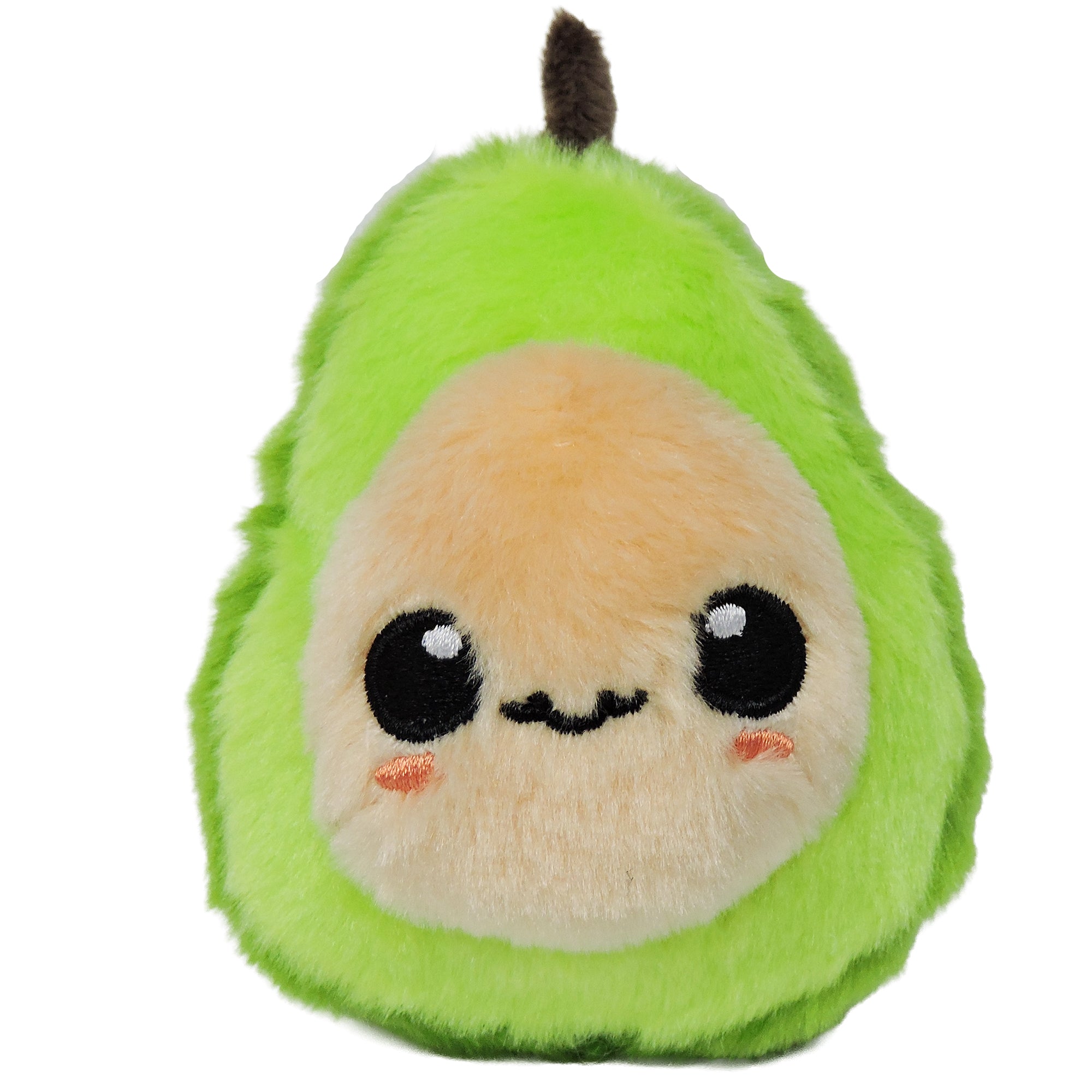 The Sugar Skwisheez Peelin' Good plush by Sugar Skwisheez is a pear-shaped toy with bright green fur, a tan center, cute features, and a short brown stem. Soft and slow-rising, it's perfect for squishing fun!.