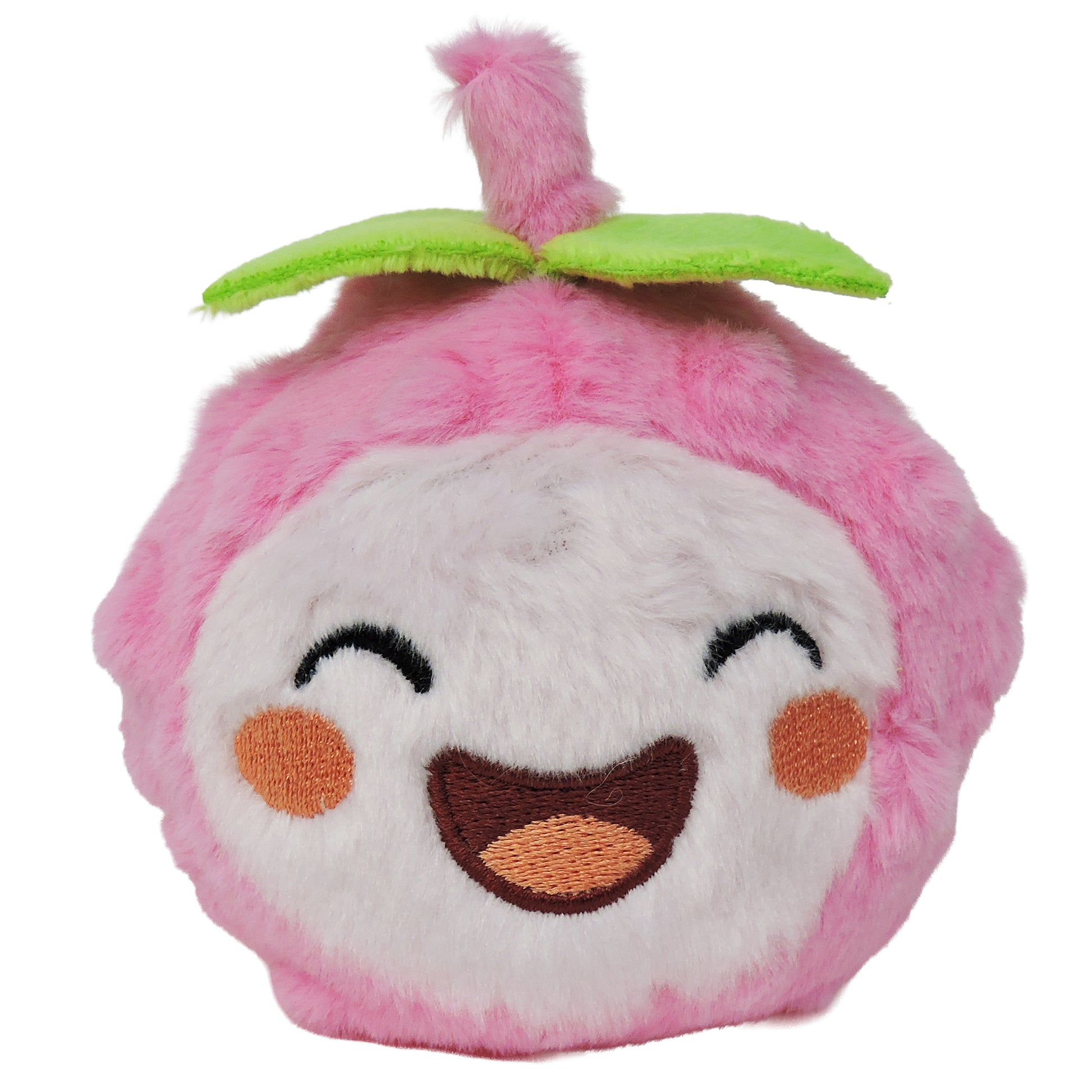 The Sugar Skwisheez Peelin' Good plush by Sugar Skwisheez is a round, pink and white squeezable toy with a smiling face, blushing cheeks, embroidered eyes, a green leaf, and a pink stem on top. It's slow-rising and fruit-inspired.