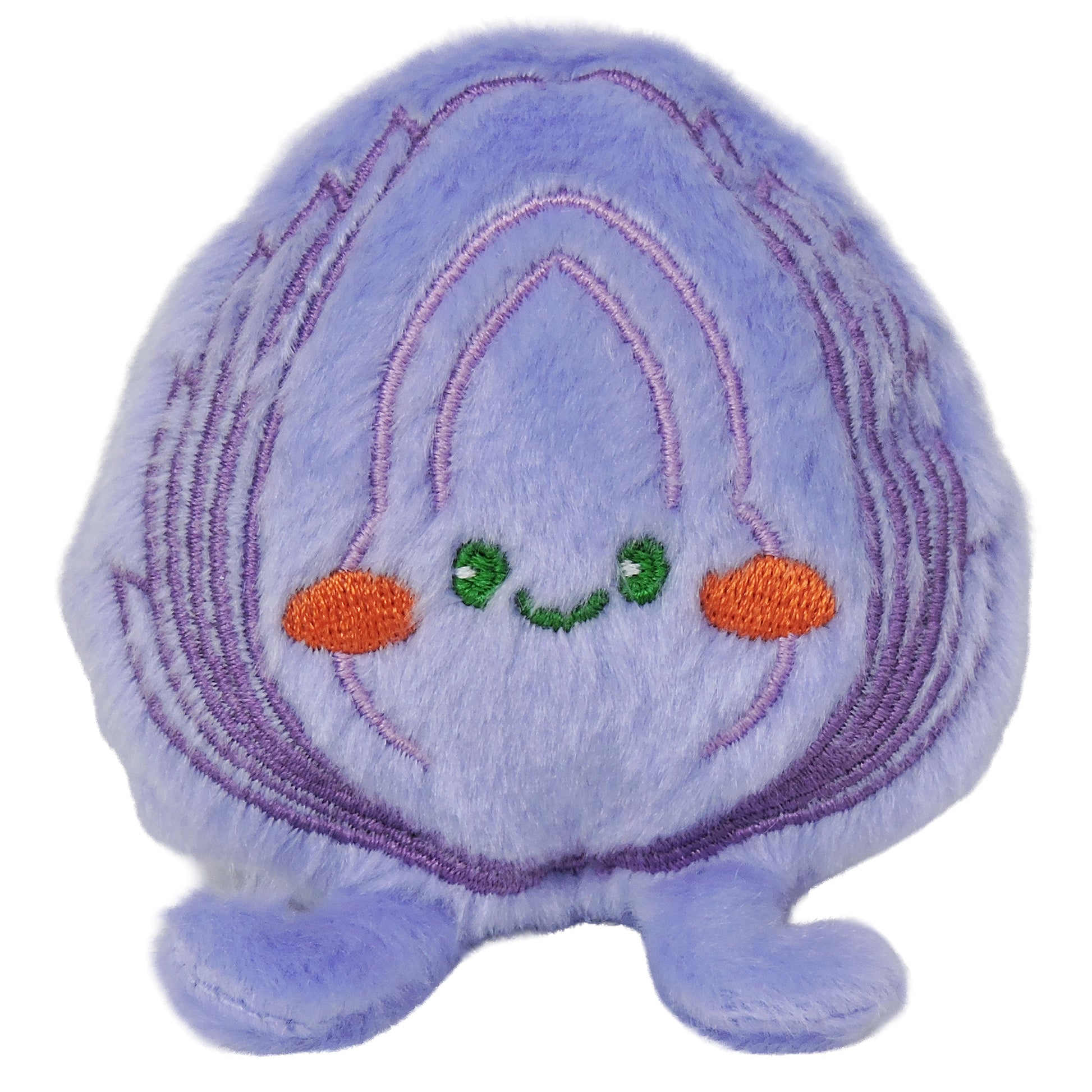 The Sugar Skwisheez Peelin' Good plush is a soft, fuzzy purple cabbage with embroidered eyes, a green smiling mouth, orange cheeks, and tiny legs—perfect for slow-rising squishy fun!.