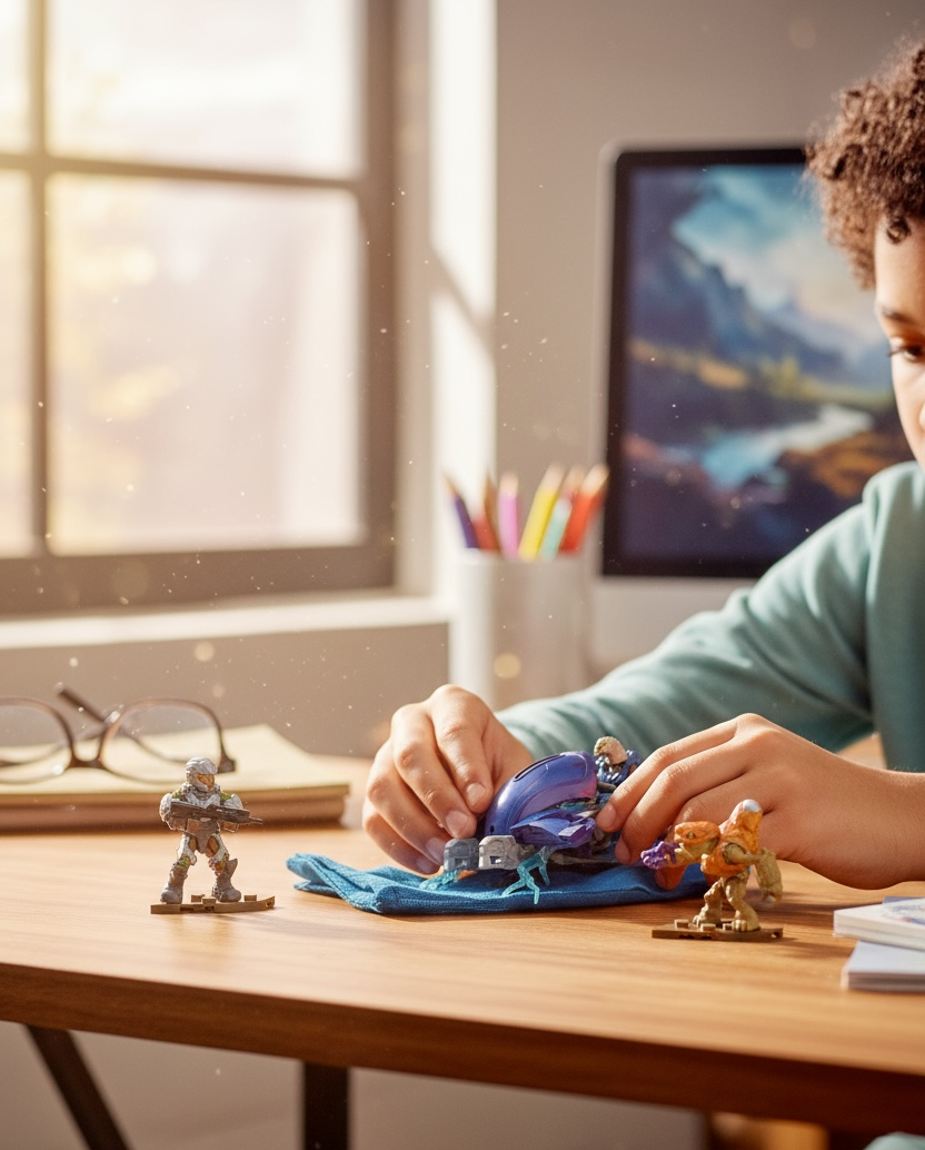 Child playing with toy figures on a desk with a computer monitor in the background
