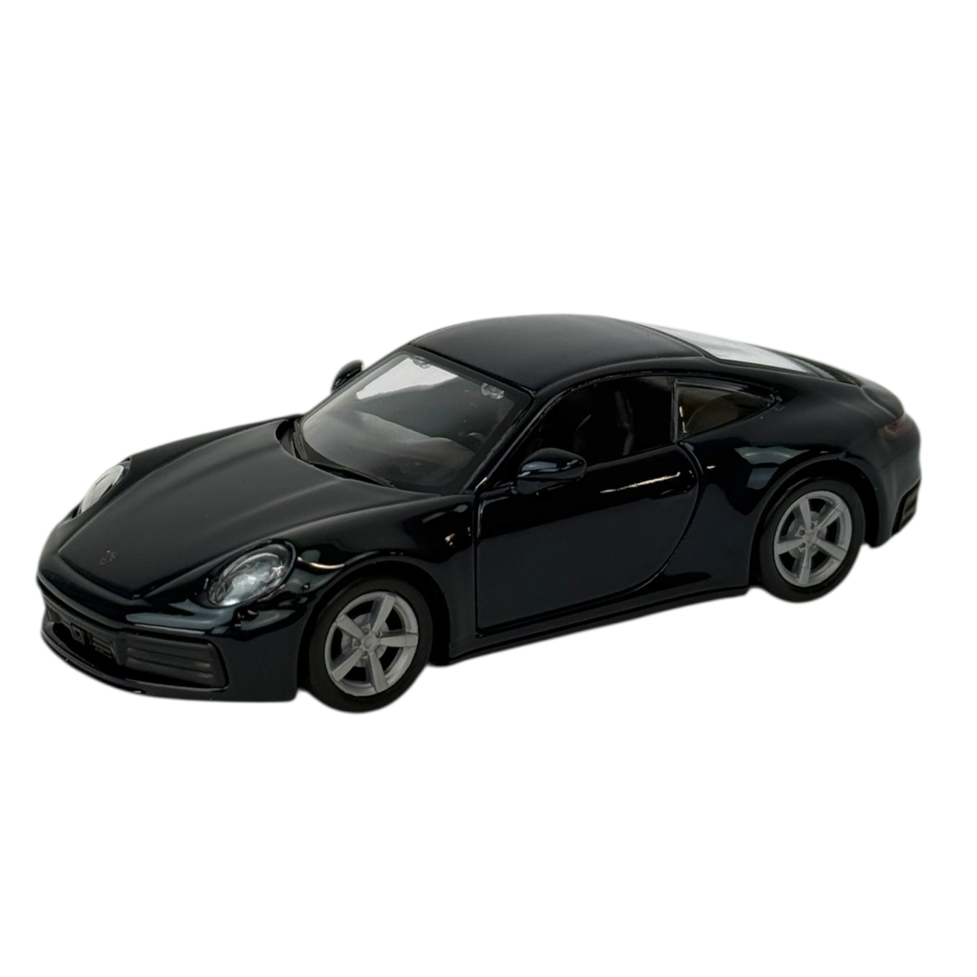 The Rollin' Die Cast Porche by Rollin' is a sleek black two-door model with silver rims, shown from the front-left angle against a white background.