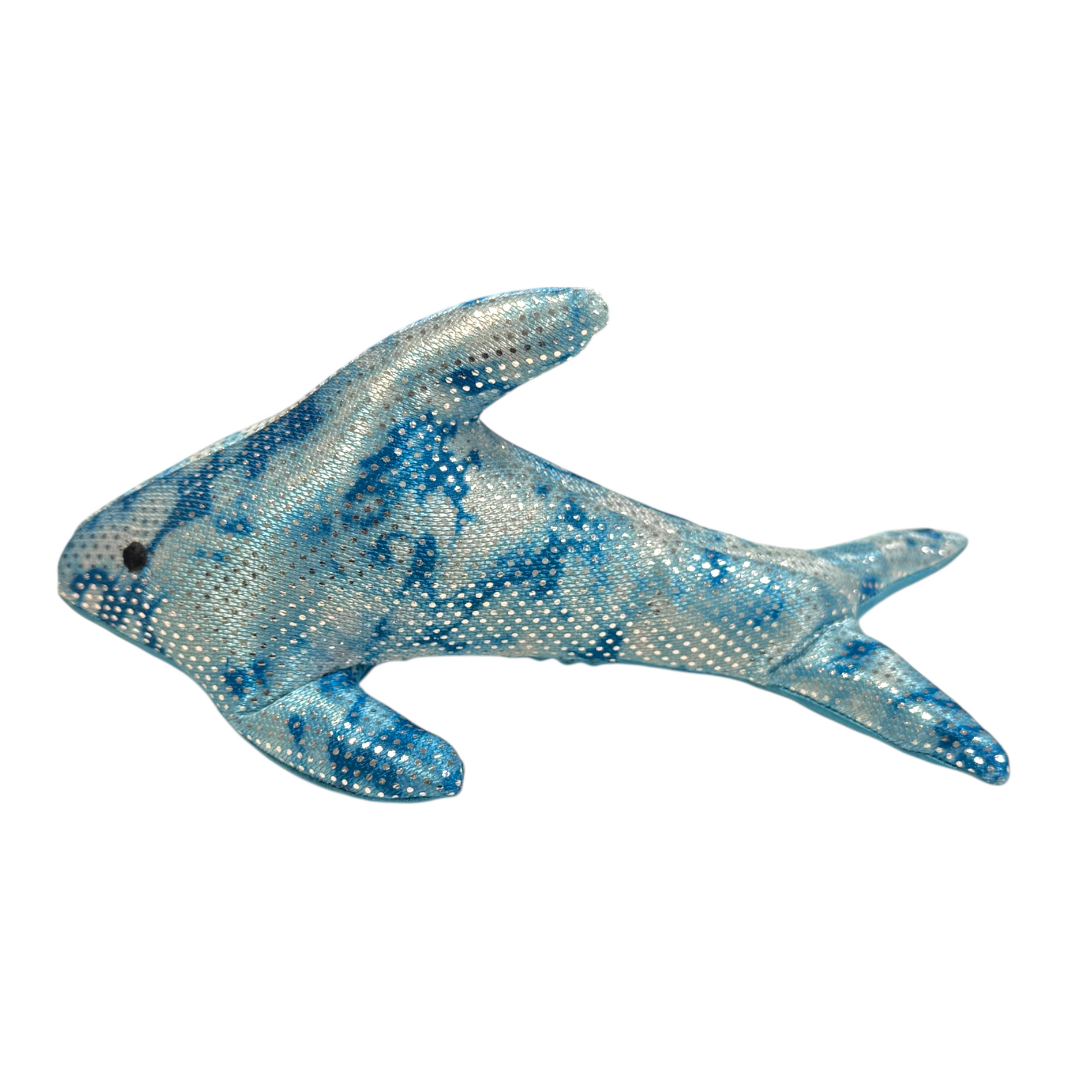 The Toysmith Sea Life Sand Animal by Toysmith is a plush toy shaped like a shark, featuring shiny blue and silver marbled sequins, shown on a white background.