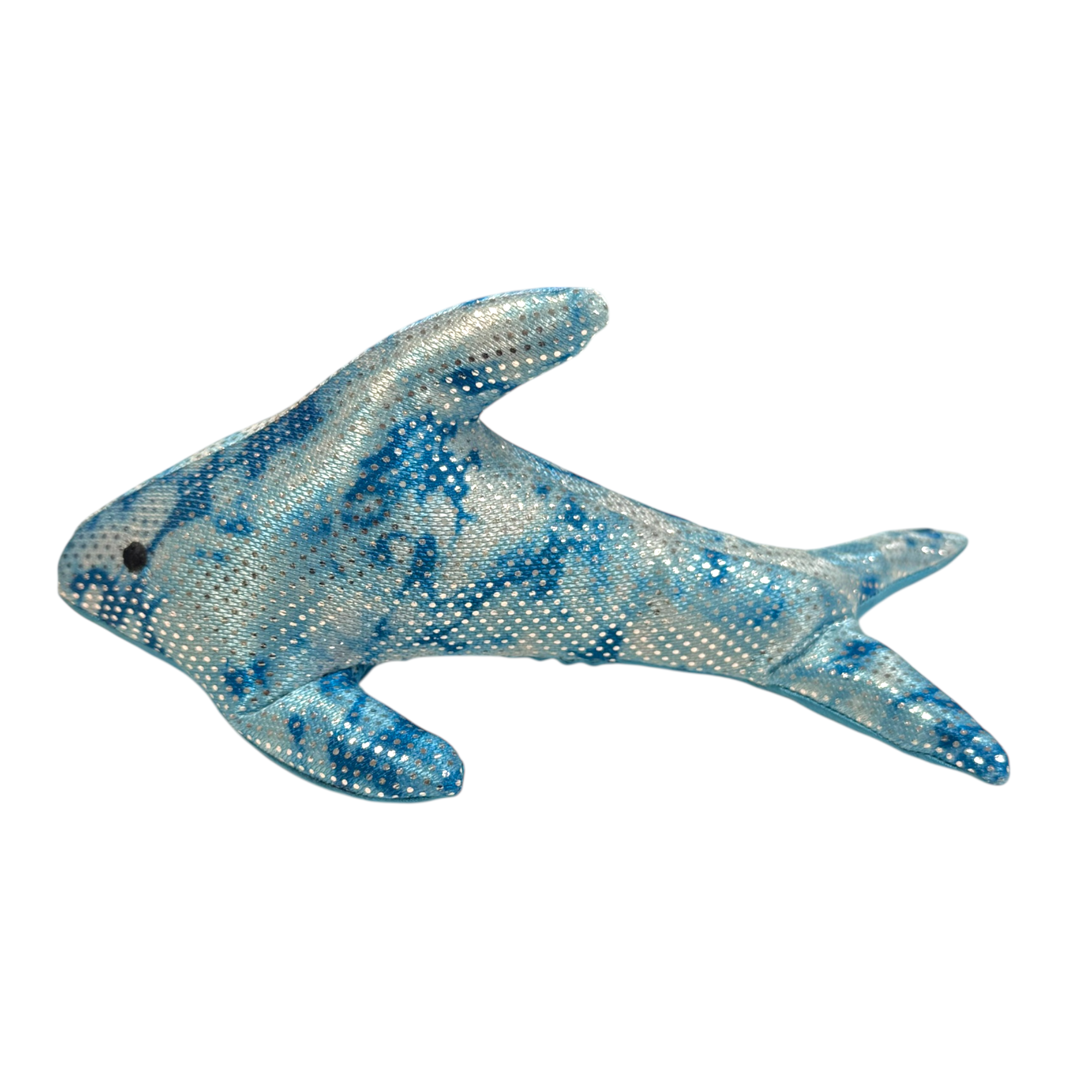 The Toysmith Sea Life Sand Animal by Toysmith is a plush toy shaped like a shark, featuring shiny blue and silver marbled sequins, shown on a white background.