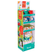 The Beetle & Bee Garden Small Tower Floor Display features vibrant gardening kits for kids, with premium tools and seed kits in bright packaging designed to inspire sustainability and a love of gardening.