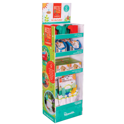 The Beetle & Bee Garden Small Tower Floor Display features vibrant gardening kits for kids, with premium tools and seed kits in bright packaging designed to inspire sustainability and a love of gardening.