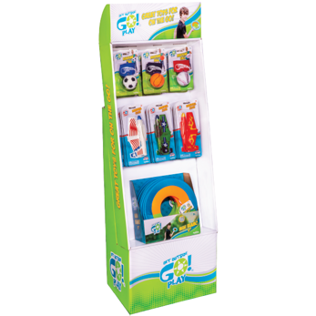 The Get Outside GO! Floor Display by GO! Play holds assorted sports toys, including small balls, toy cars, and flying discs in colorful packaging, with “GO! Play” branding and a child shown at the top to inspire active play.