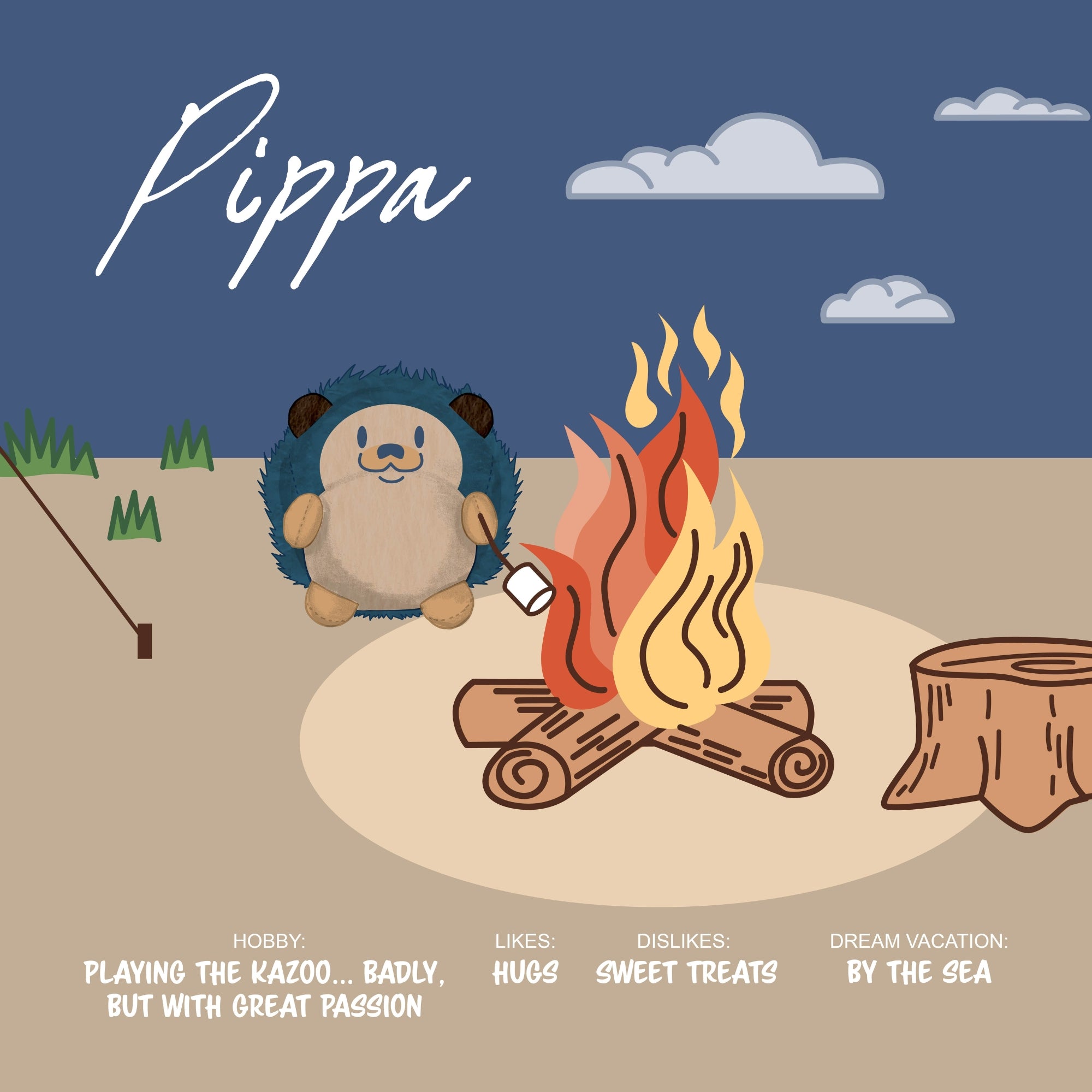 Meet Sugar Skwisheez: Tree Huggers—a plush hedgehog sitting by a campfire, toasting a marshmallow! Text reveals their hobby (playing the kazoo), likes (hugs), dislikes (sweet treats), and dream vacation (by the sea).