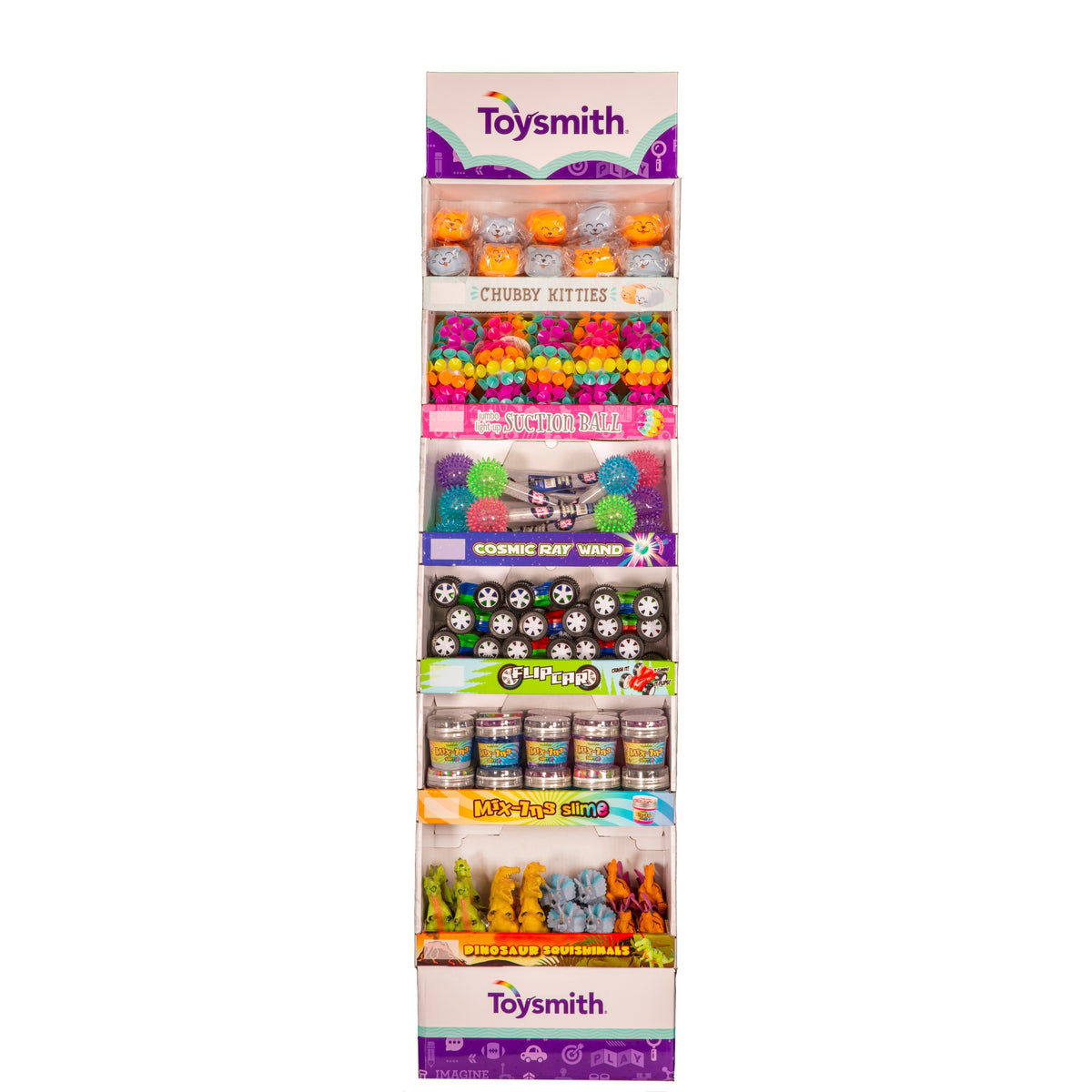 The Toysmith 2023 Joyful Floor Display is a compact, eye-catching stand filled with top-selling impulse toys like Chubby Kitties, Squish Bead Balls, Cosmic Ray Wands, Mad Lab Slime, and animal figurines—all neatly arranged.