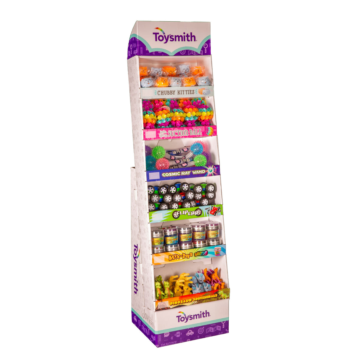 The Toysmith 2023 Joyful Floor Display is a compact corrugated stand featuring best-selling toys and impulse items arranged on five colorful shelves.