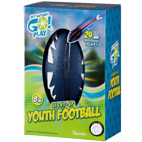 The GO! Play GO! Light-Up Youth Football in blue and black comes boxed and is made for ages 6+, lighting up for up to 24 hours—perfect for backyard games.
