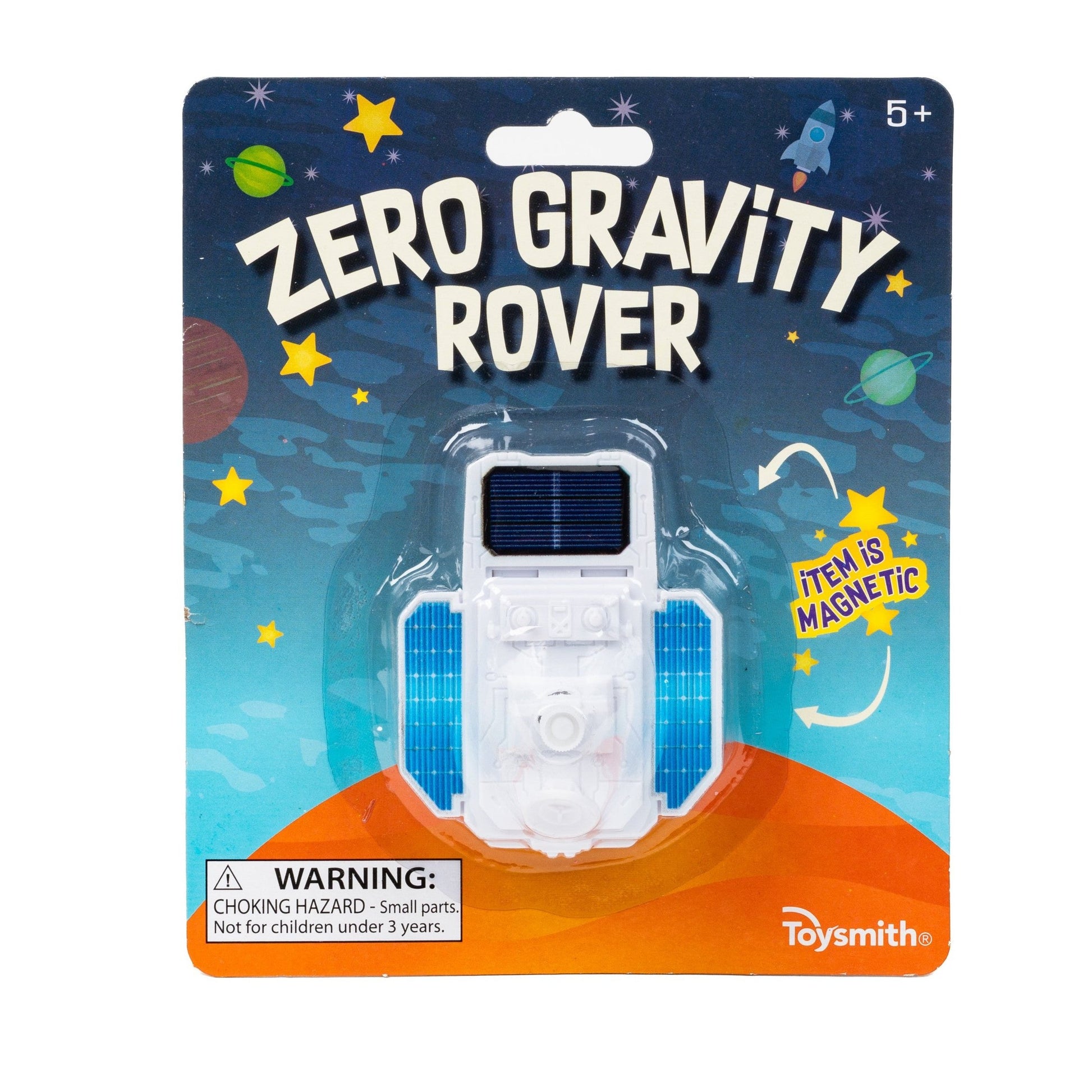The Toysmith Zero Gravity Rover features a white rover with blue panels and magnetic power. Its space-themed package shows planets, stars, a small parts warning, and the Toysmith logo.