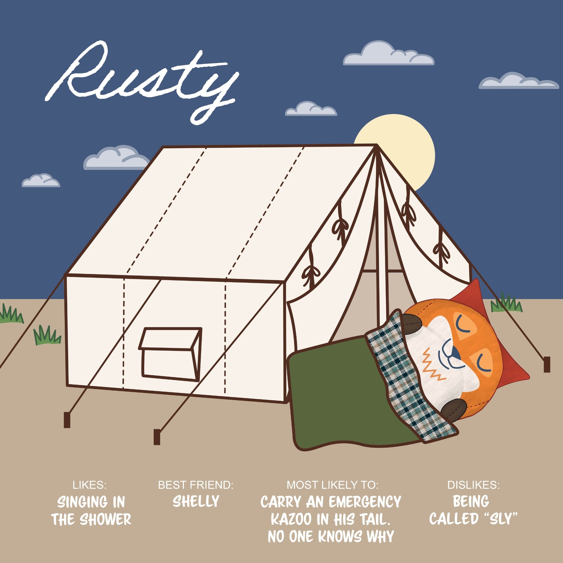 Sugar Skwisheez: Tree Huggers features Rusty the fox sleeping in a green bag outside a tent at night, with the moon and clouds above. Text highlights Rusty’s favorites, best friend, likely traits, and dislikes.